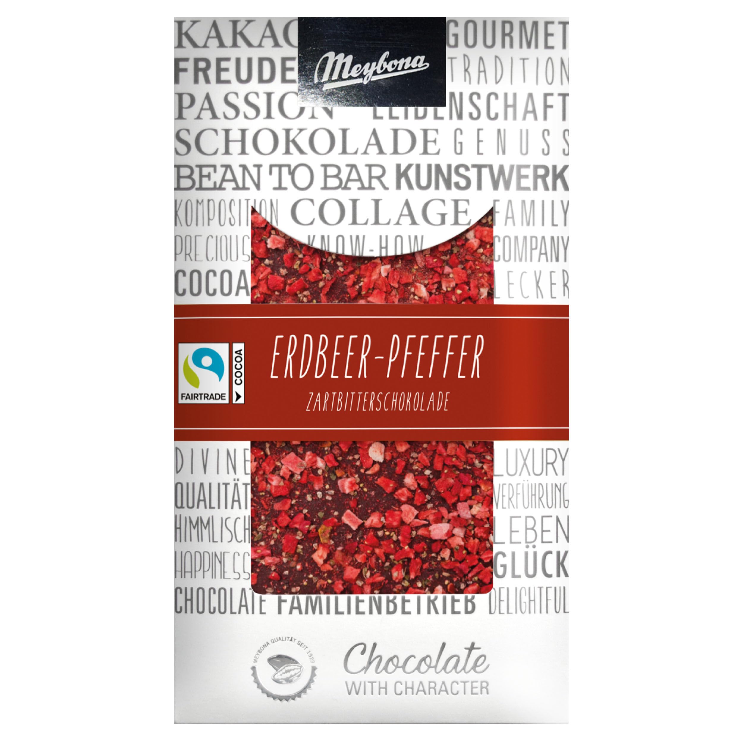 Meybona Collage Zartbitter-Schokolade 50% | Erdbeer Pfeffer | 7x100g | Handbestreut, Fairtrade Kakao, Bean-to-Bar, Edelkakao-Schokoladen, Tafelschokolade, seit 1923, 50% Kakao