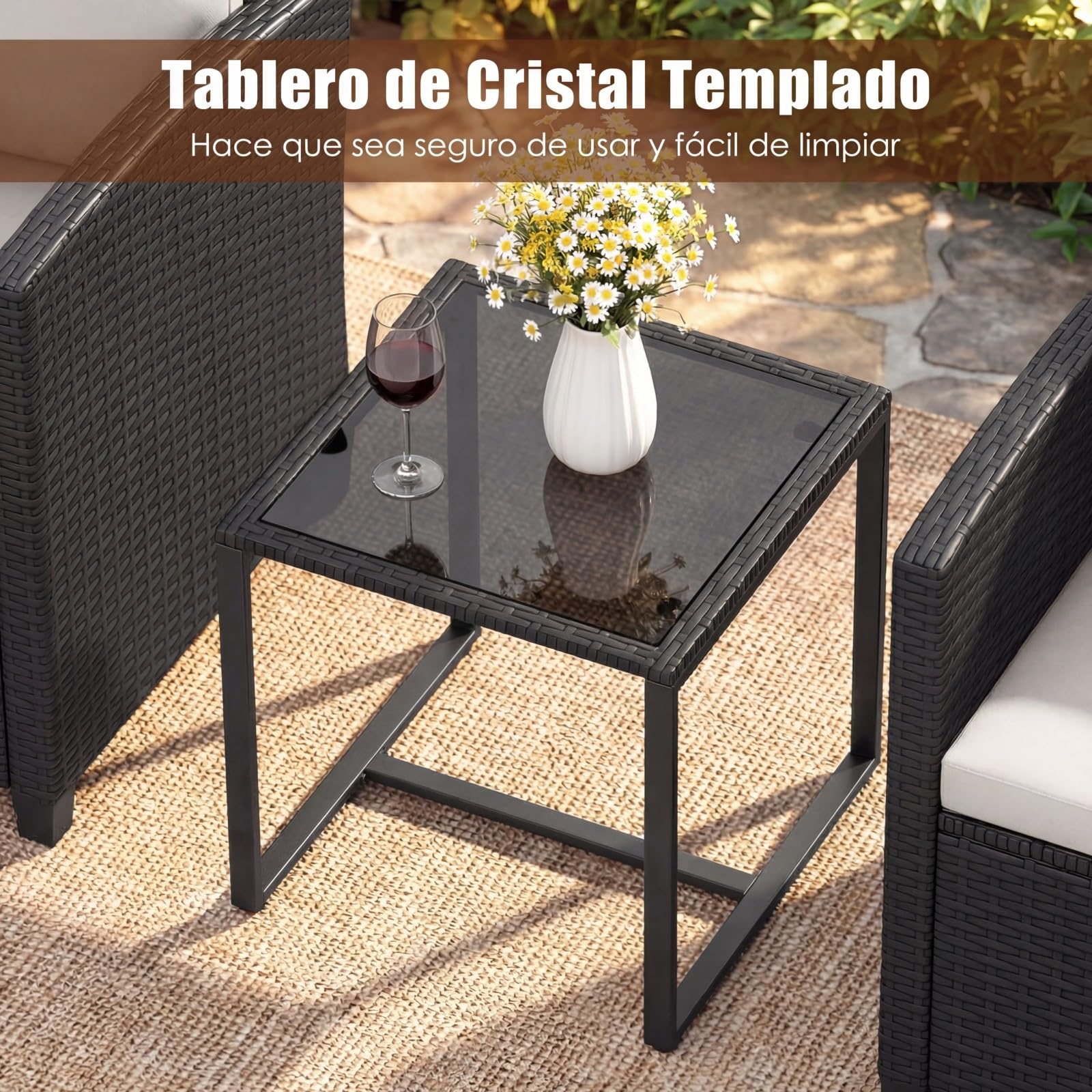COSTWAY Conjunto Mesa y Sillas Jardin de 3 Piezas, Conjunto de Conversación de Ratán PE con 2 Sillas,Mesa Auxiliar de Vidrio Templado y Cojines con Funda Desmontable para Terraza Patio (Negro+Beige)