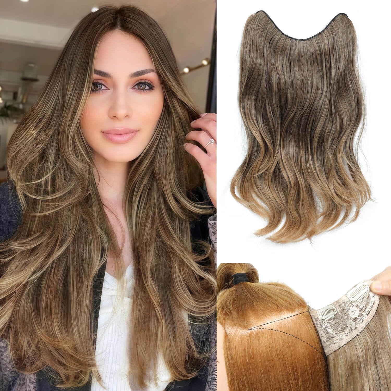 Ms taj Hair Extensions 20Inch Medium Brunette with Honey Brown Balayage Body Hair Extensions Clip in Wavy Natural Layered Full head Thick for women with Dense hair increase hair volume