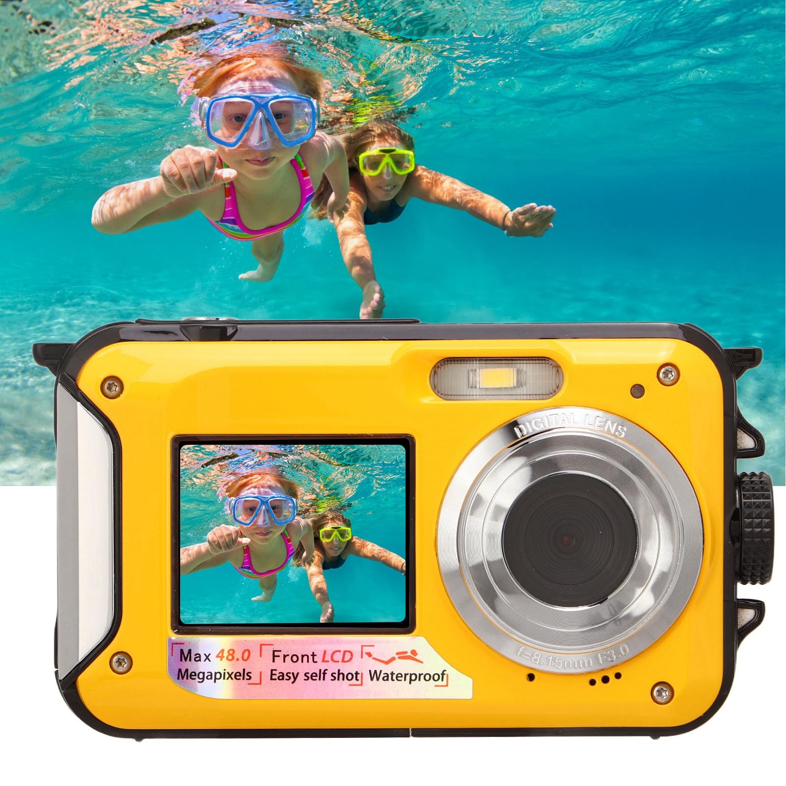 ASHATA Cámara Digital a Prueba de Agua, Full HD 2.7K 48MP Cámara Digital Subacuática a Prueba de Agua de 10 Pies, Zoom Digital 16X, Pantallas Dobles Delanteras y Traseras, Color Amarillo