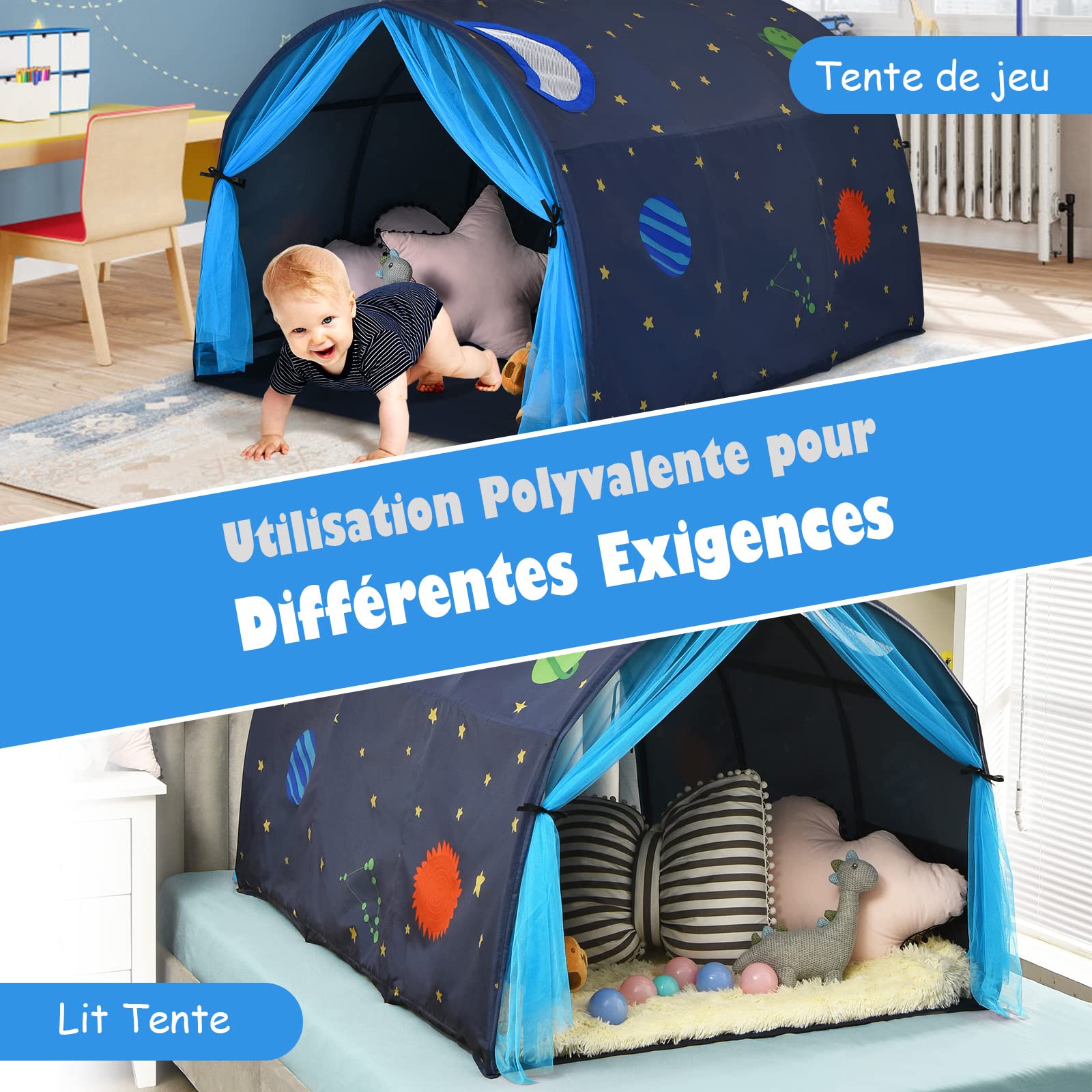 GOPLUS Tente de Lit Enfants, avec Double Rideau en Maille, Sac de Transport, Tente de Jeu Portable pour l'Intérieur & l'Extérieur, en Forme de Tunnel, Structure Stable, (Bleu)