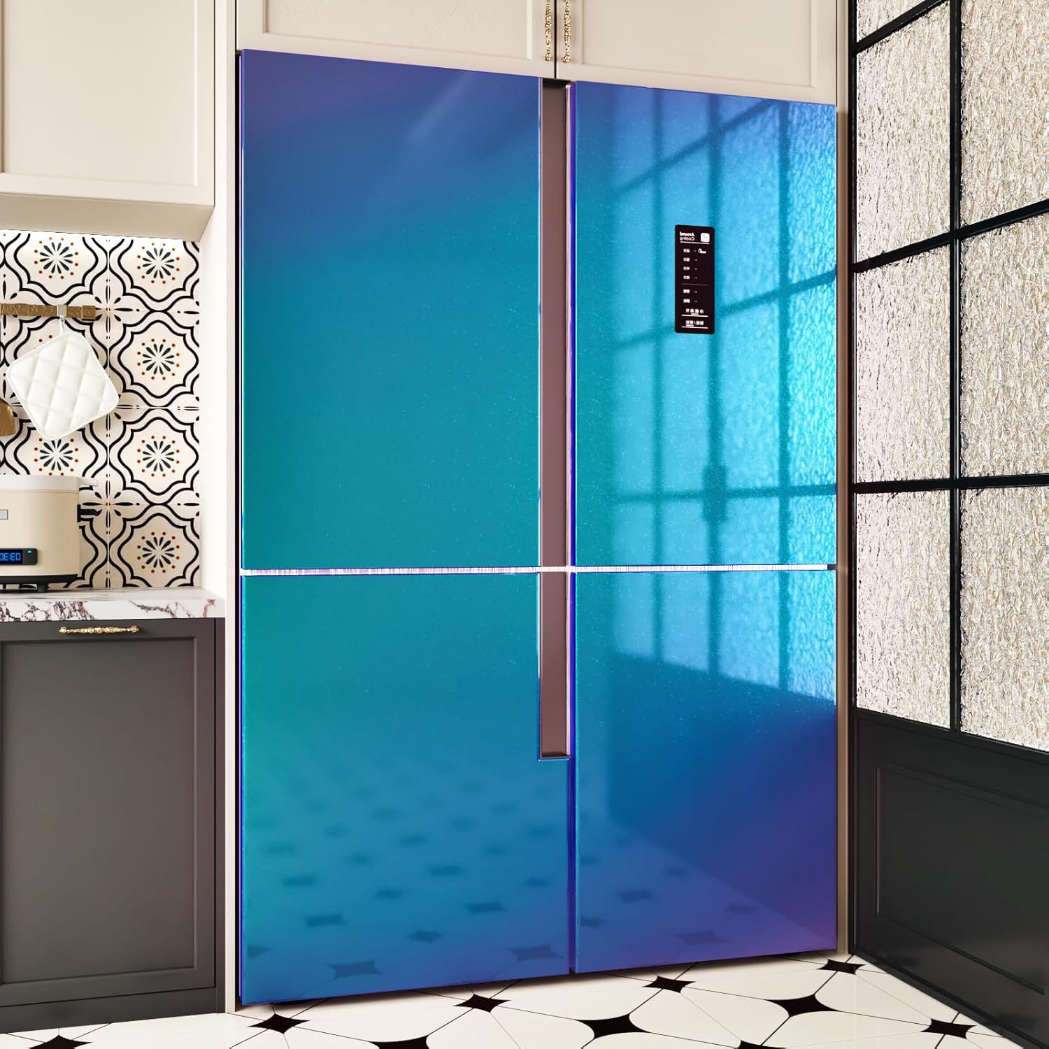 Variable Teal Blue Glitter Wallpaper Peel and Stick Green Iridescent Glitter Contact Paper for Countertops Glossy Metallic Wallpaper for Cabinets Fridge Covers Liner Kitchen Vinyl Wrap