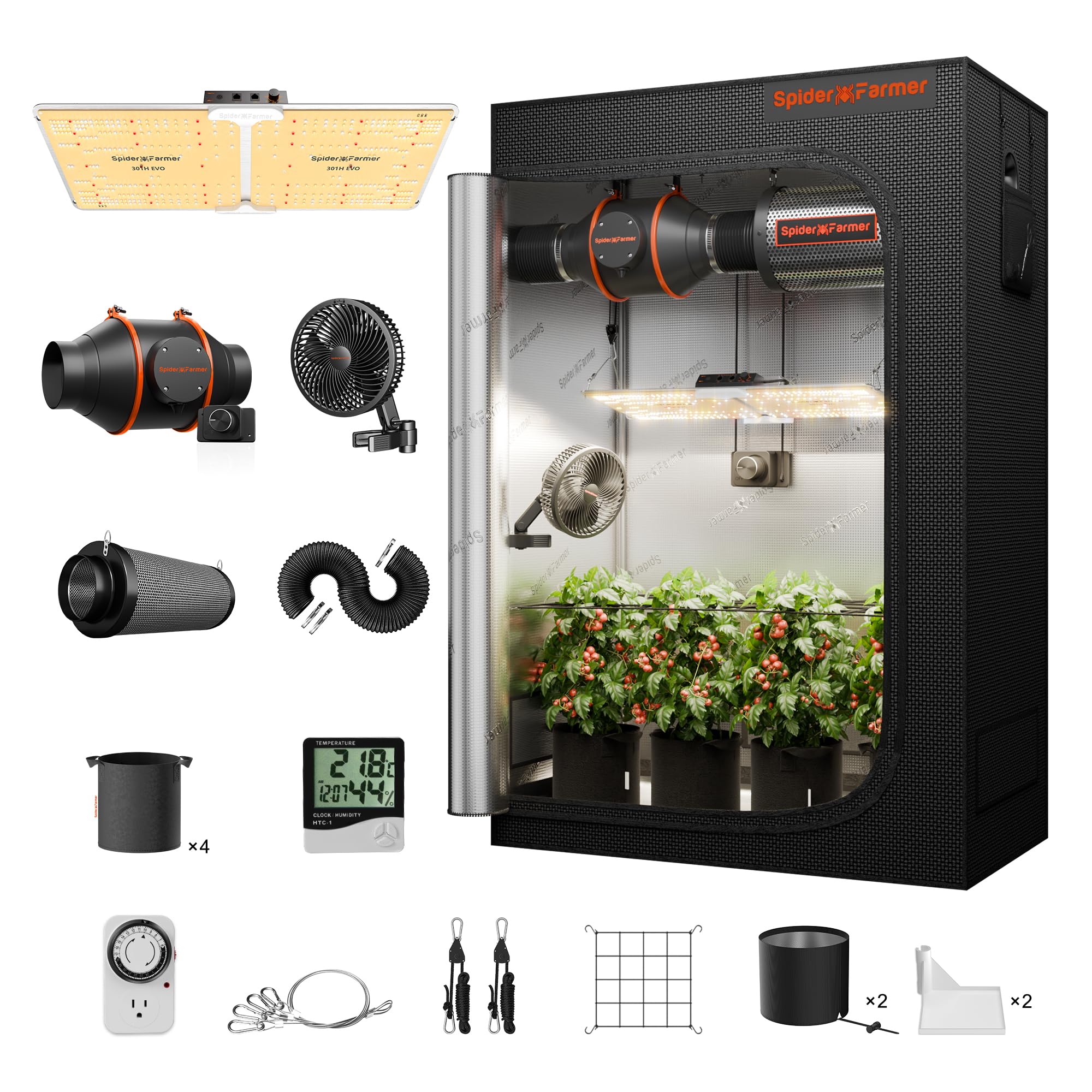 Spider Farmer 2x4 Complete Grow Tent Kit SF2000 Samsung LM301H EVO & Dimmable Grow Tent Complete System 24" x 47" x 71" Growing Tent Set 4" Ventilation System & 6'' Clip Fan