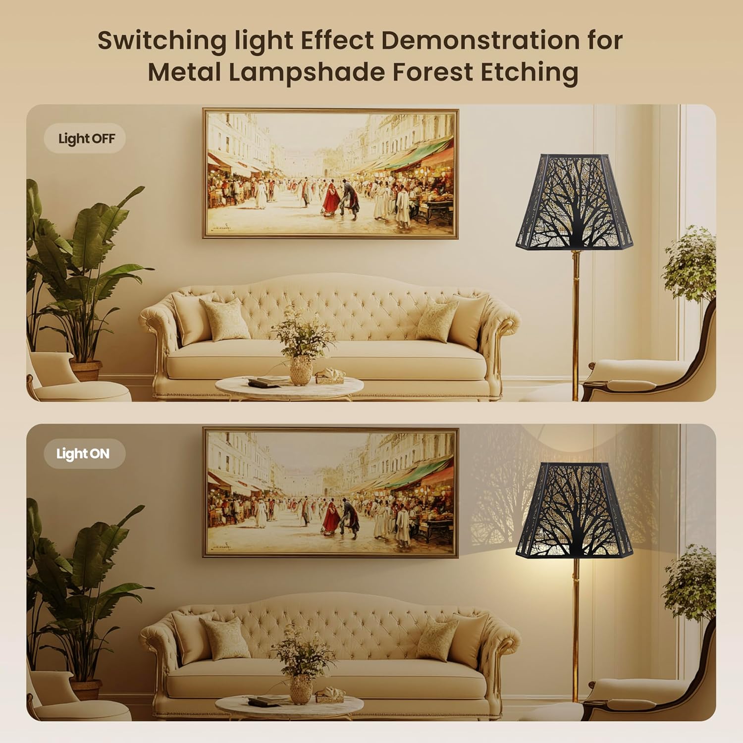 Large Metal Etching Forests Lamp Shade, Vintage Crafted Rectangular Lampshade, Antique Black & Gold Finish, 9" x 16"x 12.25"Inch Light weight Cover for Table Lamp