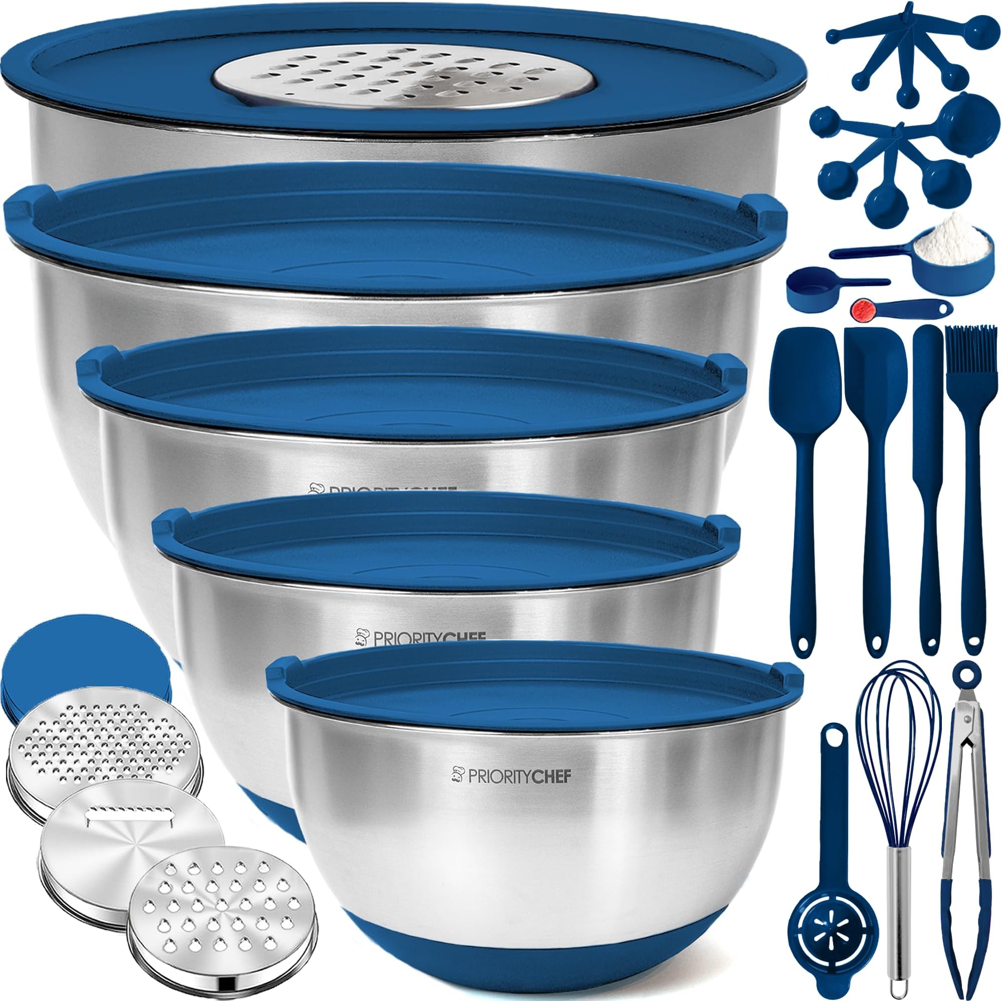 Priority Chef Premium Large 28Pc Stainless Steel Mixing Bowls with Lids Set, Non-Slip Base, Air Tight Lids, 3 Graters and Utensil Set, Large Metal Nesting Bowls for Kitchen, Blue