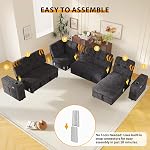 108" Canapé de couchette sectionnelle modulaire avec lit d'appoint, en U 7 Couches d'assise pour le salon, lit de canapé nuage avec rangement, dossier inclinable, USB Charge, tissu Chenille, noir de luxe