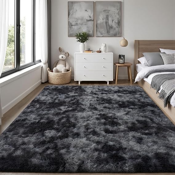 PLHXFR 6x9 Area Rugs Living Room: Fluffy Bedroom Soft Shag Rug Black Grey | Upgrade Non-Slip High Pile Carpet Fuzzy Plush Indoor Floor Decor Shaggy Rugs for Kid Boys Girls Playroom Nursery Modern Home