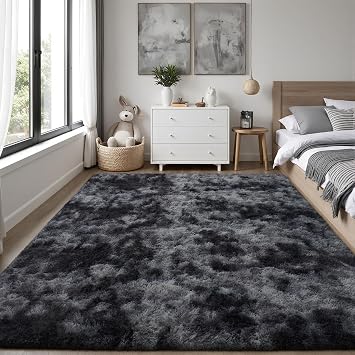 PLHXFR 6x9 Area Rugs Living Room: Fluffy Bedroom Soft Shag Rug Black Grey | Upgrade Non-Slip High Pile Carpet Fuzzy Plush Indoor Floor Decor Shaggy Rugs for Kid Boys Girls Playroom Nursery Modern Home