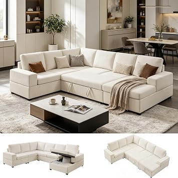VANOMi Sectional Sleeper Sofa with Pull Out Bed, Sofa with Storage, Beige