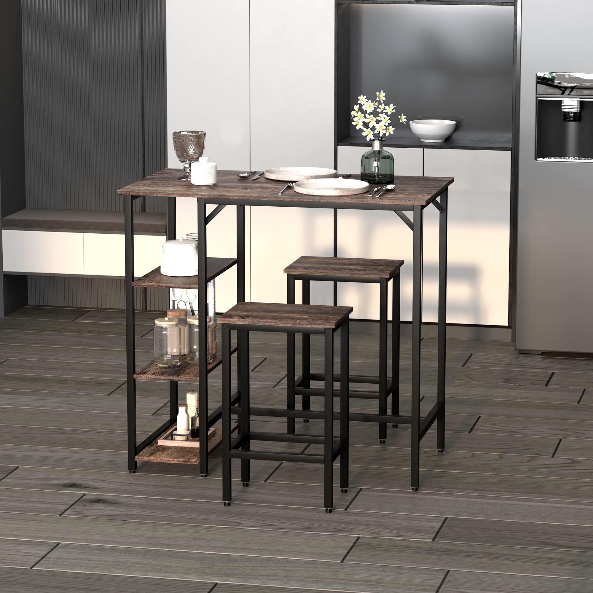 HOMCOM Set Tavolo Alto con 2 Sgabelli e Scaffale Stile Industriale in Metallo e Legno, Arredamento Moderno Bar e Cucina, Marrone Rustico