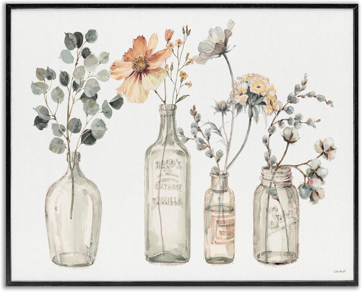 Stupell Industries 'Antique Floral Bouquets in Jars', Framed Giclee Art, Black, 14 x 11 Inches, Easy to Hang and Sturdy, Made in USA, by Lisa Audit
