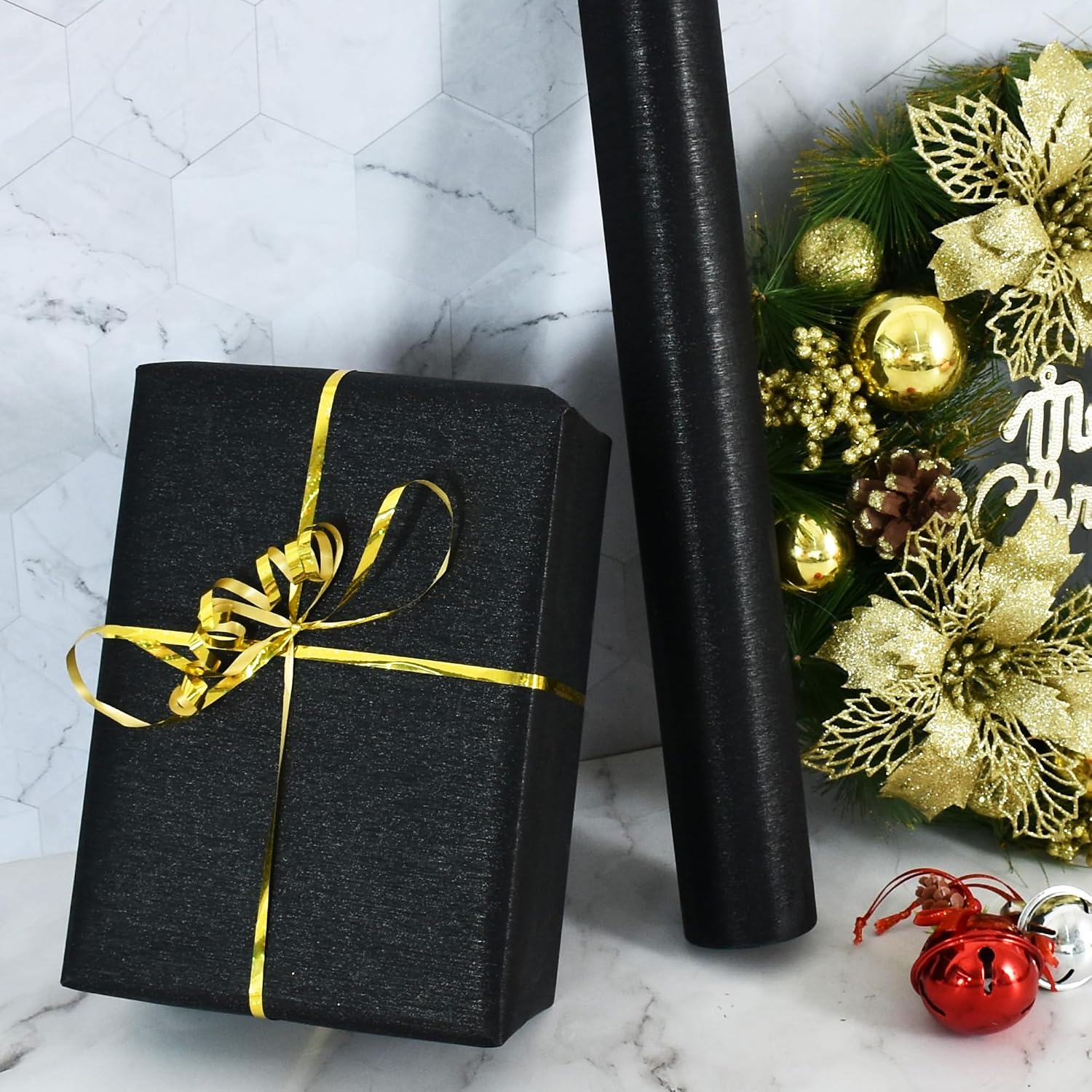 BEISHIDA Black Gift Wrapping Paper Metallic Shine Wrapping Paper Roll Solid Color Gift Wrap Paper, Packing Paper for Wedding, Birthday, Graduation, Christmas Wrapping Paper(17inches X 32.8ft)