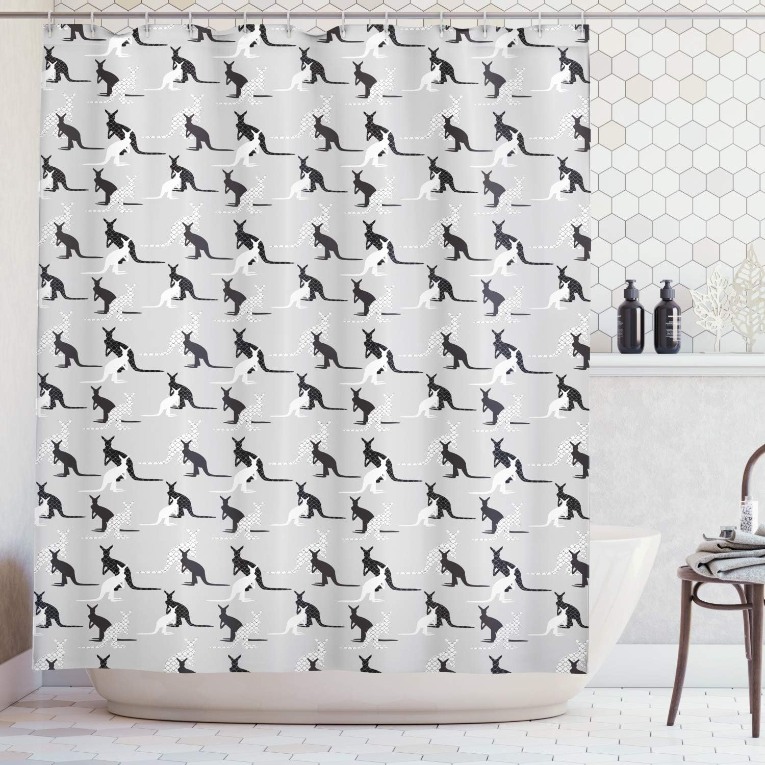 Ambesonne Kangaroo Shower Curtain, Seashell Pattern Built in Animal Silhouette on Plain Background, Cloth Fabric Bathroom Decor Set with Hooks, 69" W x 84" L, Pale Grey Black