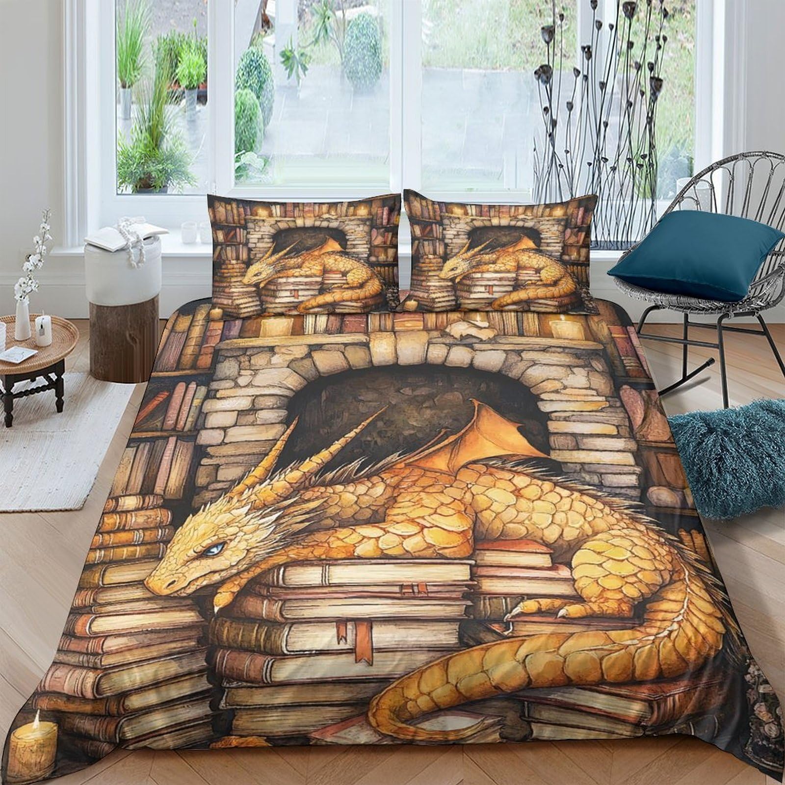 Ctjqhvkz Style-4 3D Printed Golden Dragon Fitted Sheet Microfiber Soft Breathable Book Stack Mattress Cover For Bedroom Guest Room Decor Single（135X200cm）