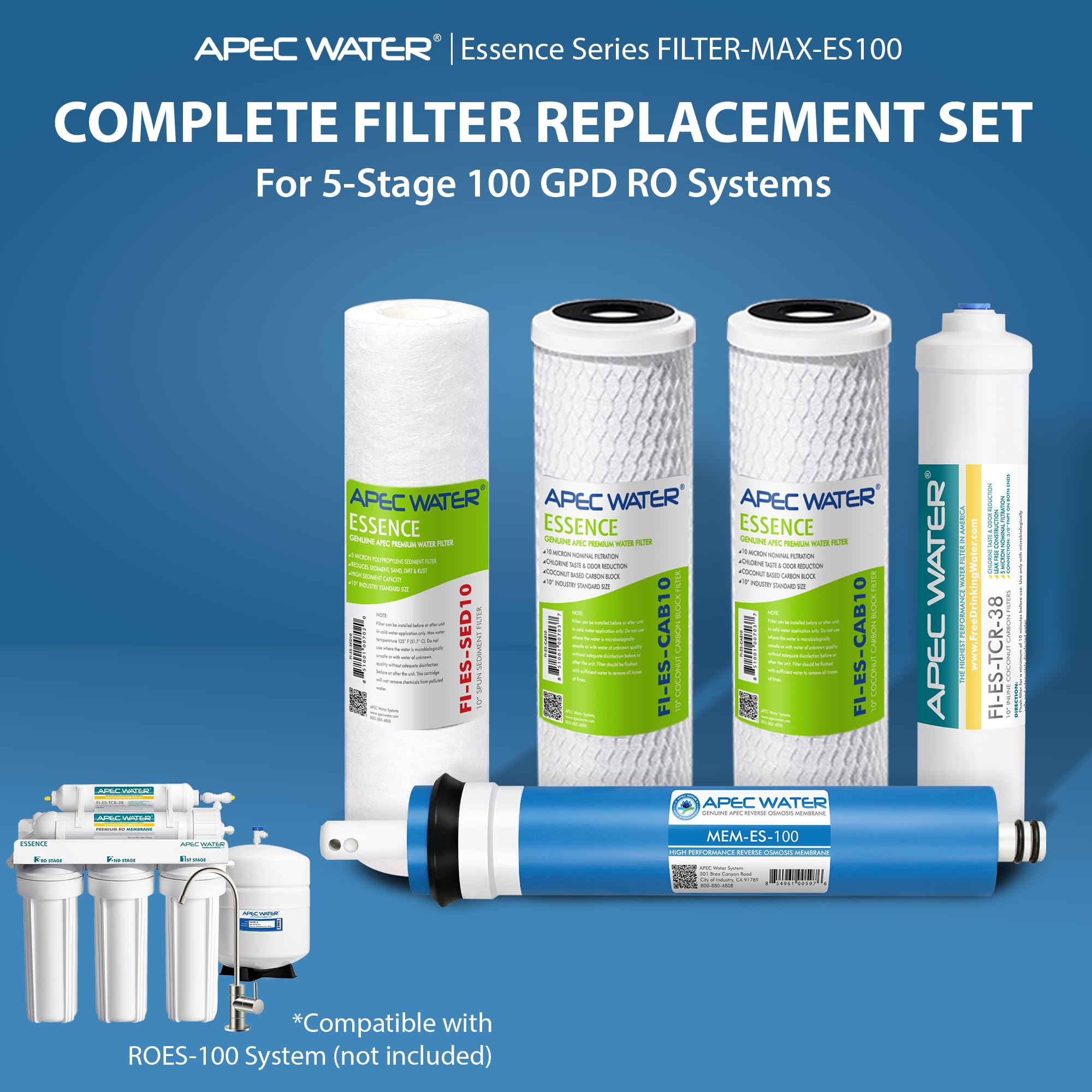 APEC Water Systems FILTER-MAX-ES100 100 GPD Juego completo de filtros de repuesto para sistema de filtro de agua de ósmosis inversa de la serie Essence, etapa 1-5