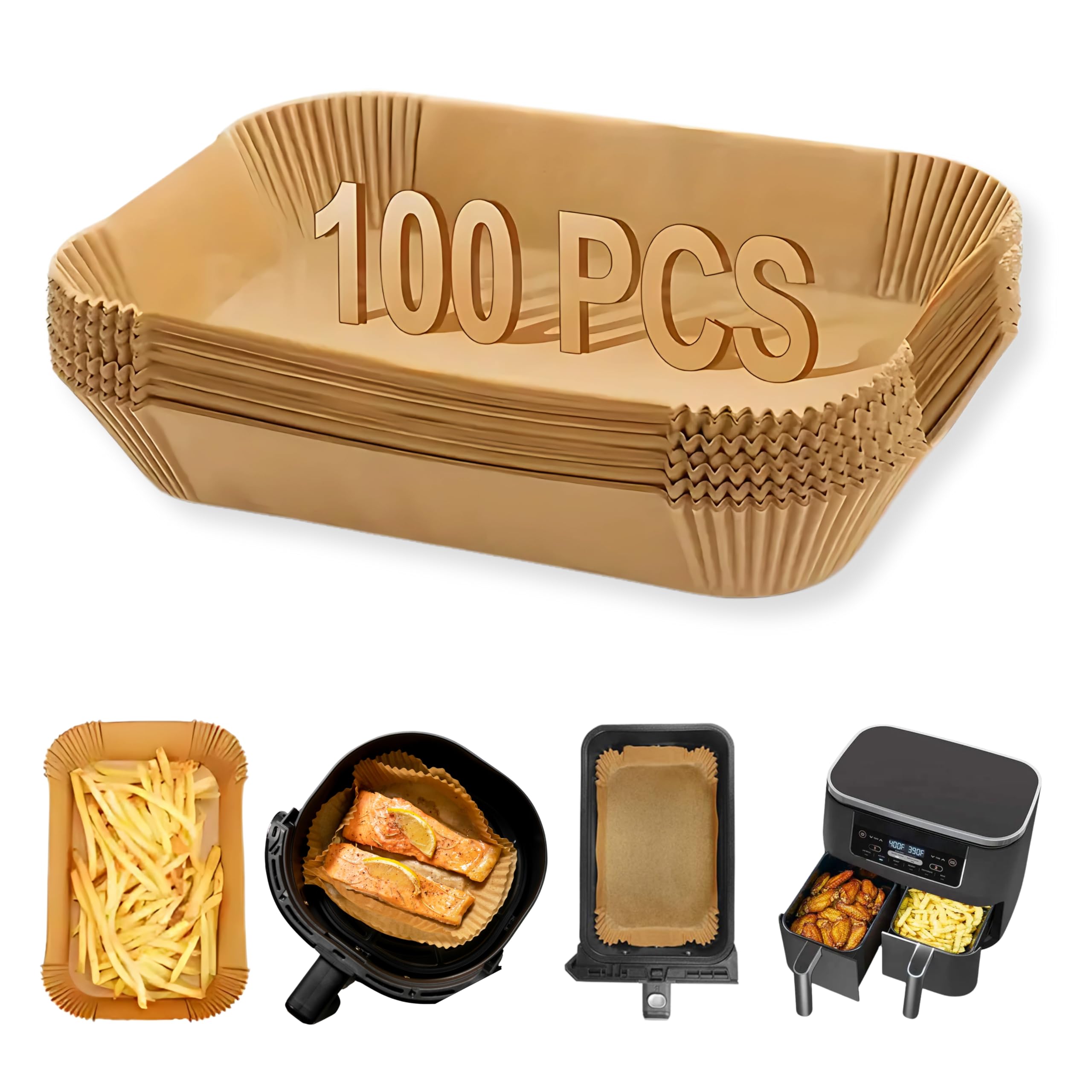 QACHOICE 100pcs Air Fryer Liners (20x13 cm) - Unbleached Parchment Paper for Baking, Roasting, & Microwave - Disposable, Easy Clean-up, Non-Stick, Heat Resistant, for COSORI, Ninja Air Fryers
