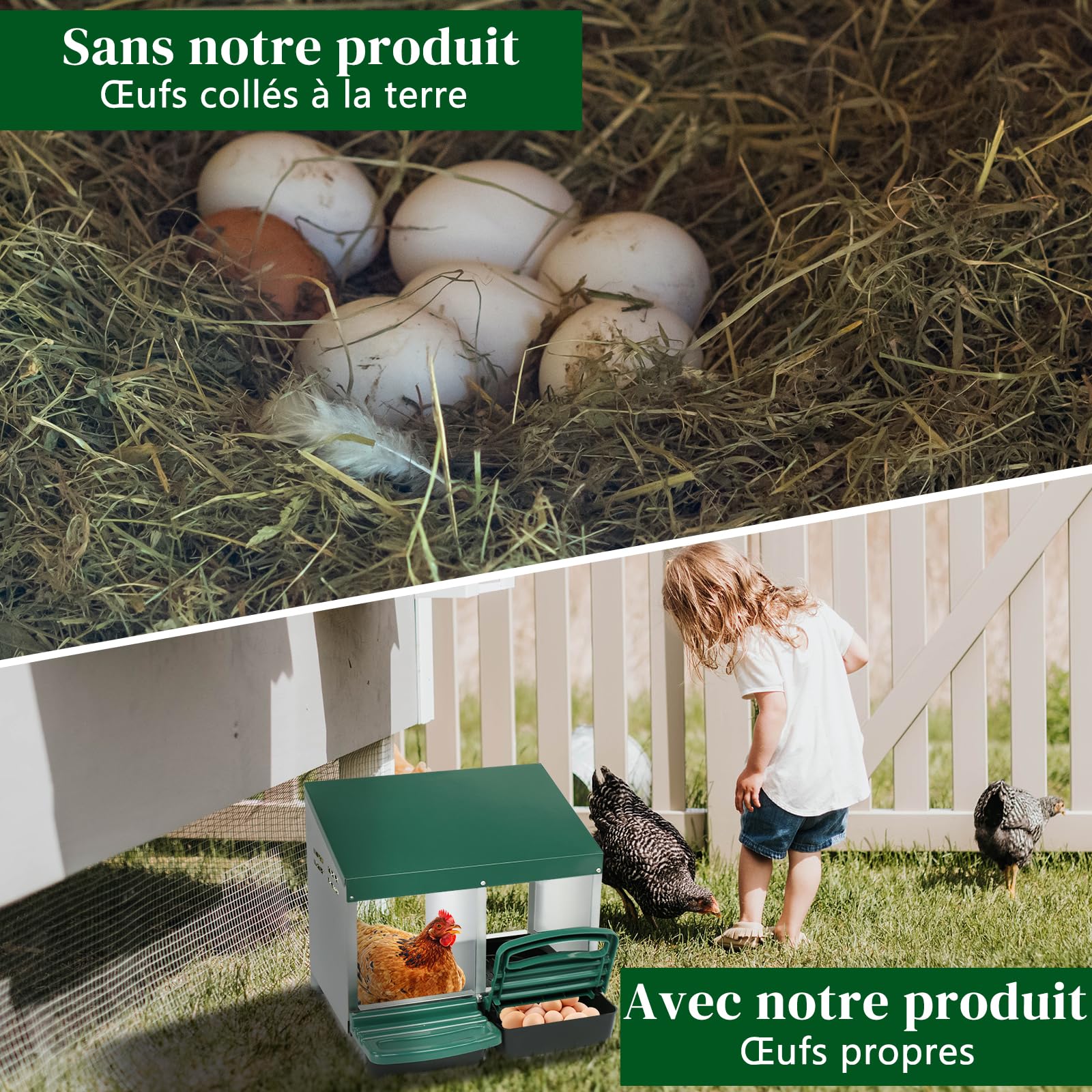 LEADZM Pondoir Poules pondeuses 2 emplacements - Poulailler en métal Bac de récupération Ponte, Installation Facile et Collecte des œufs, 54 x 52 x 47 cm, Vert
