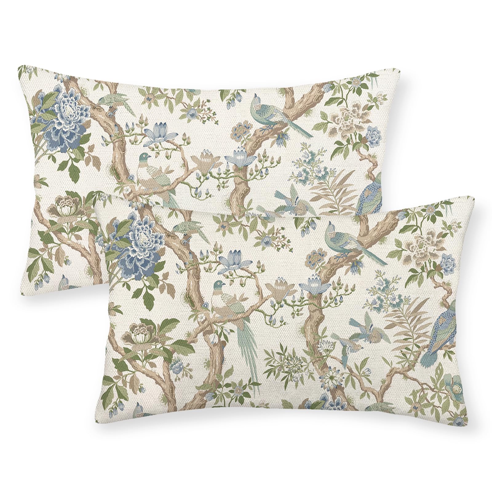 GOLIANDA Blue Green Floral Bird Pillow Covers 12x20 Set of 2 Chinoiserie Throw Pillows Green Vintage Flowers Bird Decorative Pillow Cases Outdoor