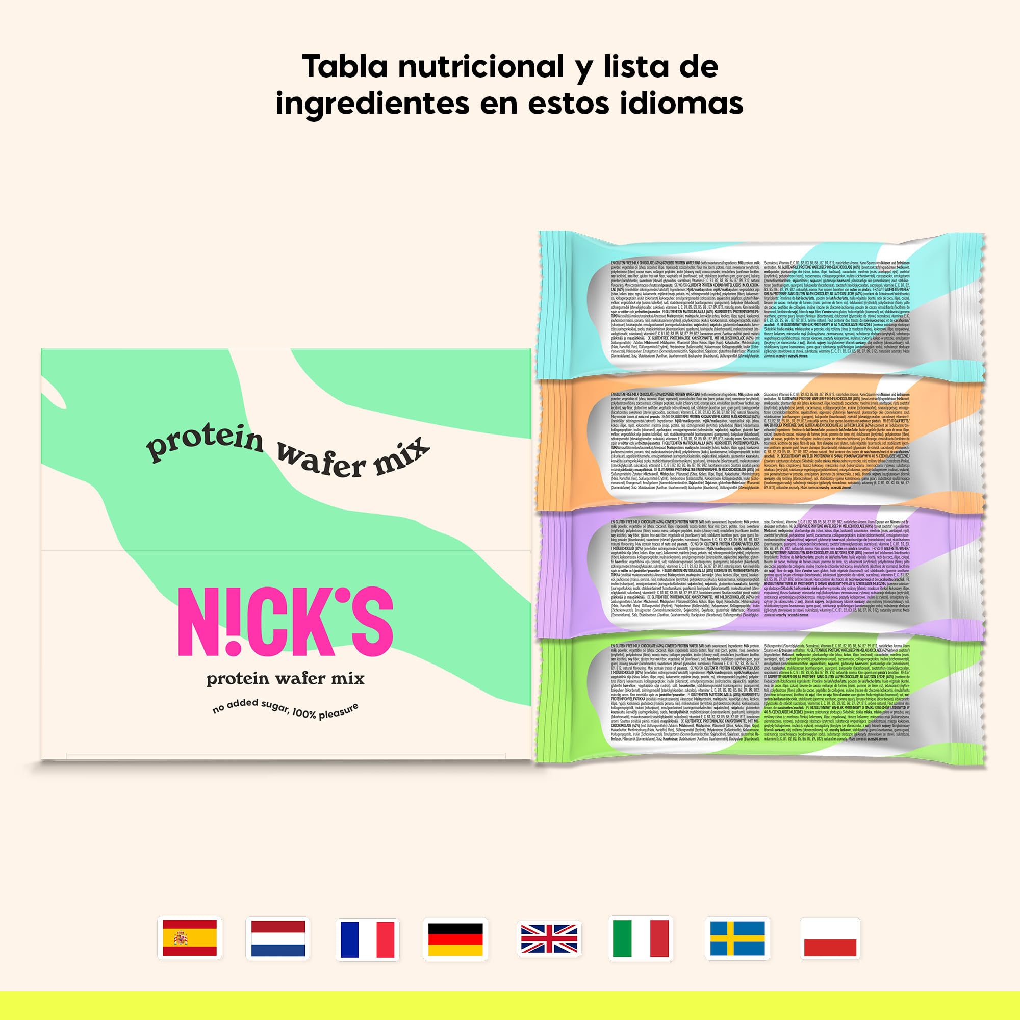NICKS Mix de Barritas Protein wafer | 25% Proteína | 203 calorías | Proteicas Oblea Chocolate Sin Azúcar Añadido Low Carb Snack Bar Sin Gluten (9 x40g)
