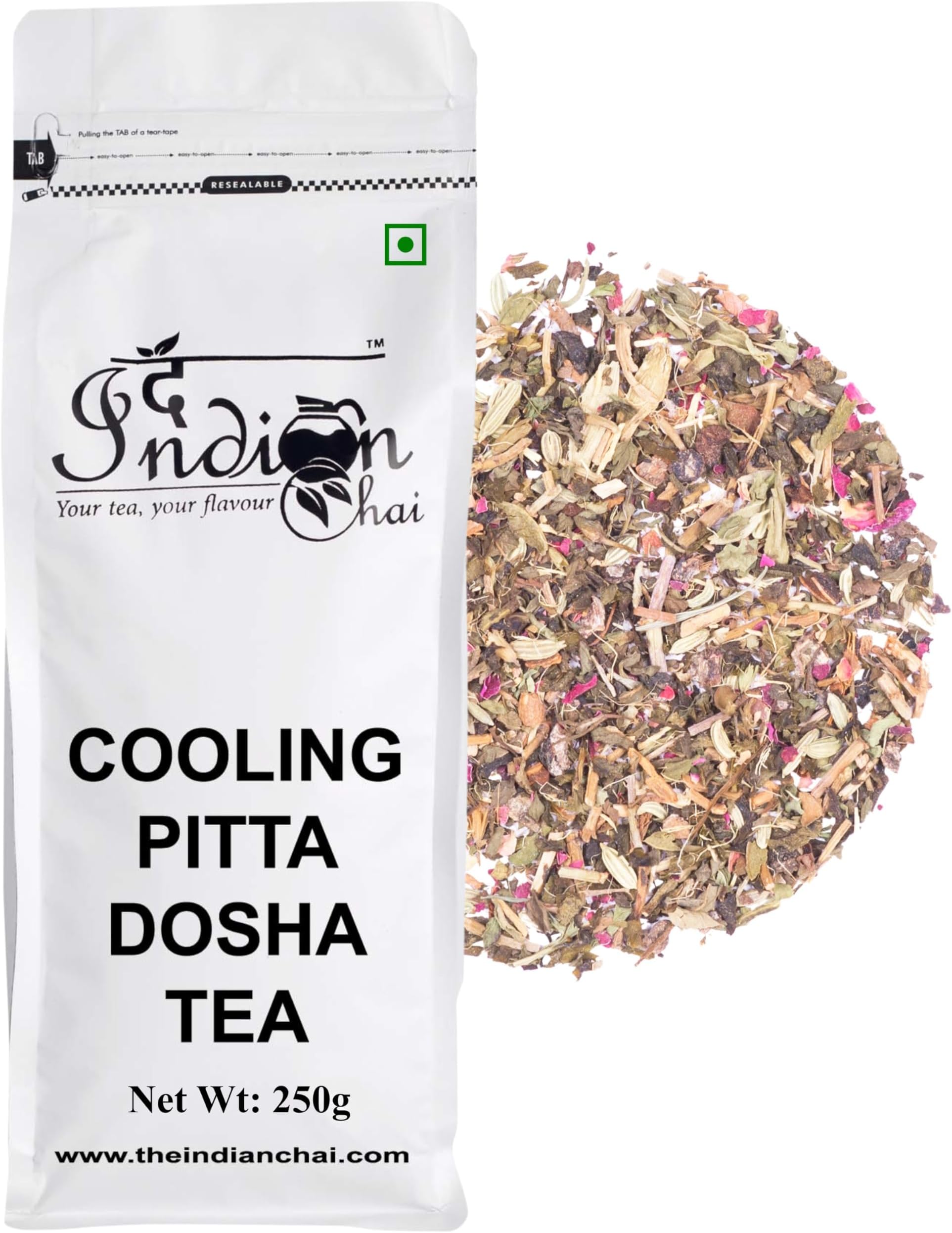 Cooling Pitta Dosha Tea 250g with Brahmi, Amla, Spearmint, Rose Petals etc, Promotes Clear Thinking, Cools Down Mind, Body & Emotions, Ayurvedic Herbal Tea
