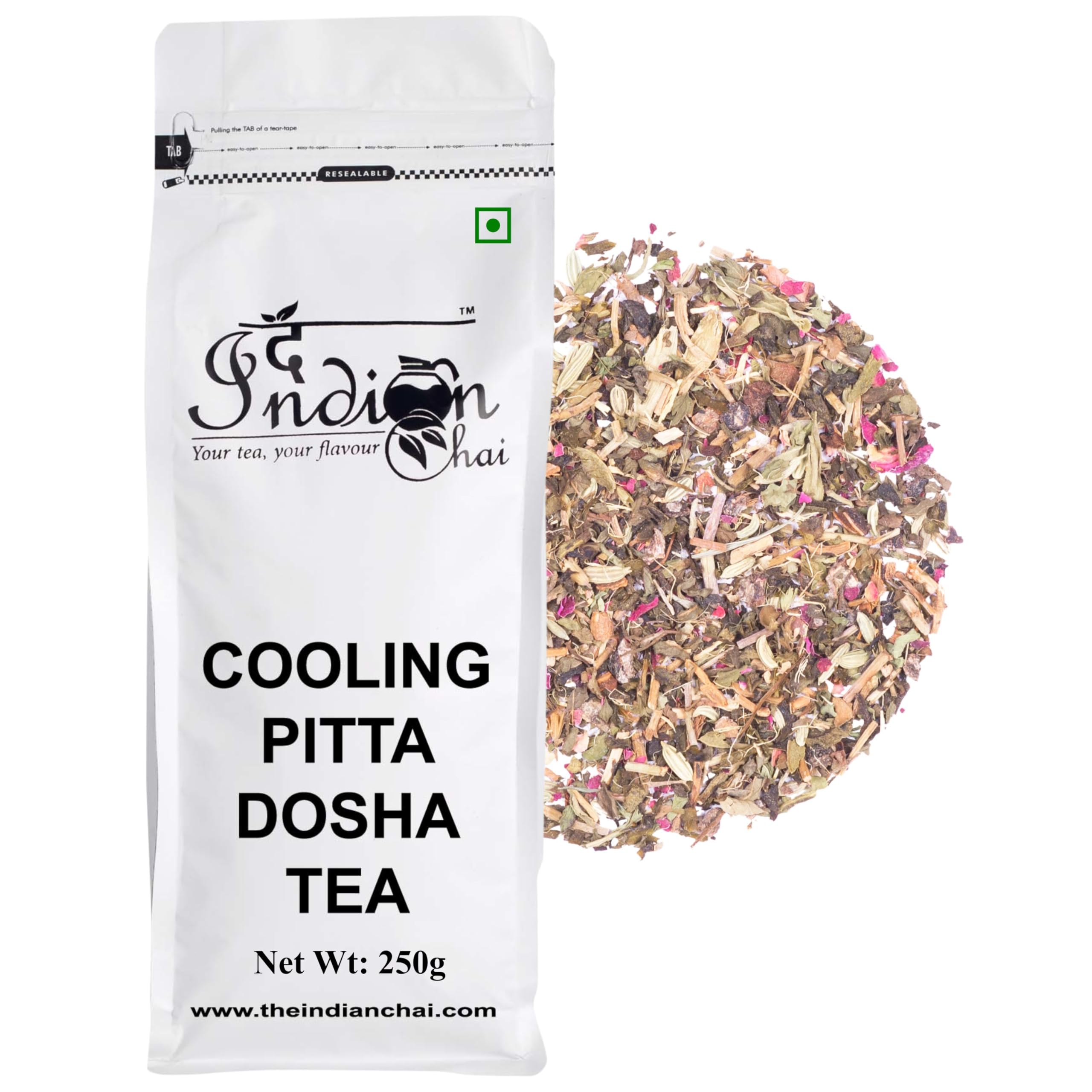 Cooling Pitta Dosha Tea 250g with Brahmi, Amla, Spearmint, Rose Petals etc, Promotes Clear Thinking, Cools Down Mind, Body & Emotions, Ayurvedic Herbal Tea