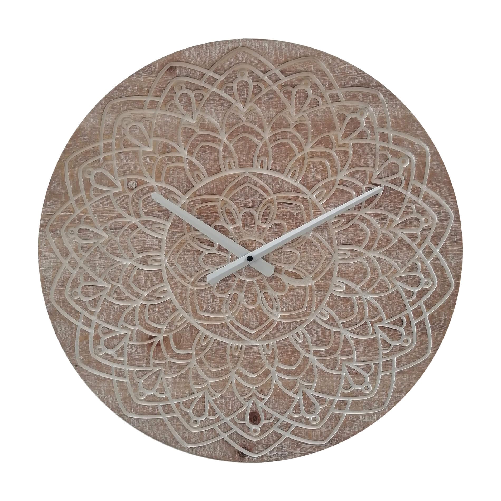 Rebecca Mobili Orologio da Appendere, Orologio da Parete Decorativo, Marrone Bianco, Mdf, con Quadrante Decorato, Stile Etnico - Dimensioni: Ø 50 cm x P 4,5 cm - Art. RE6894