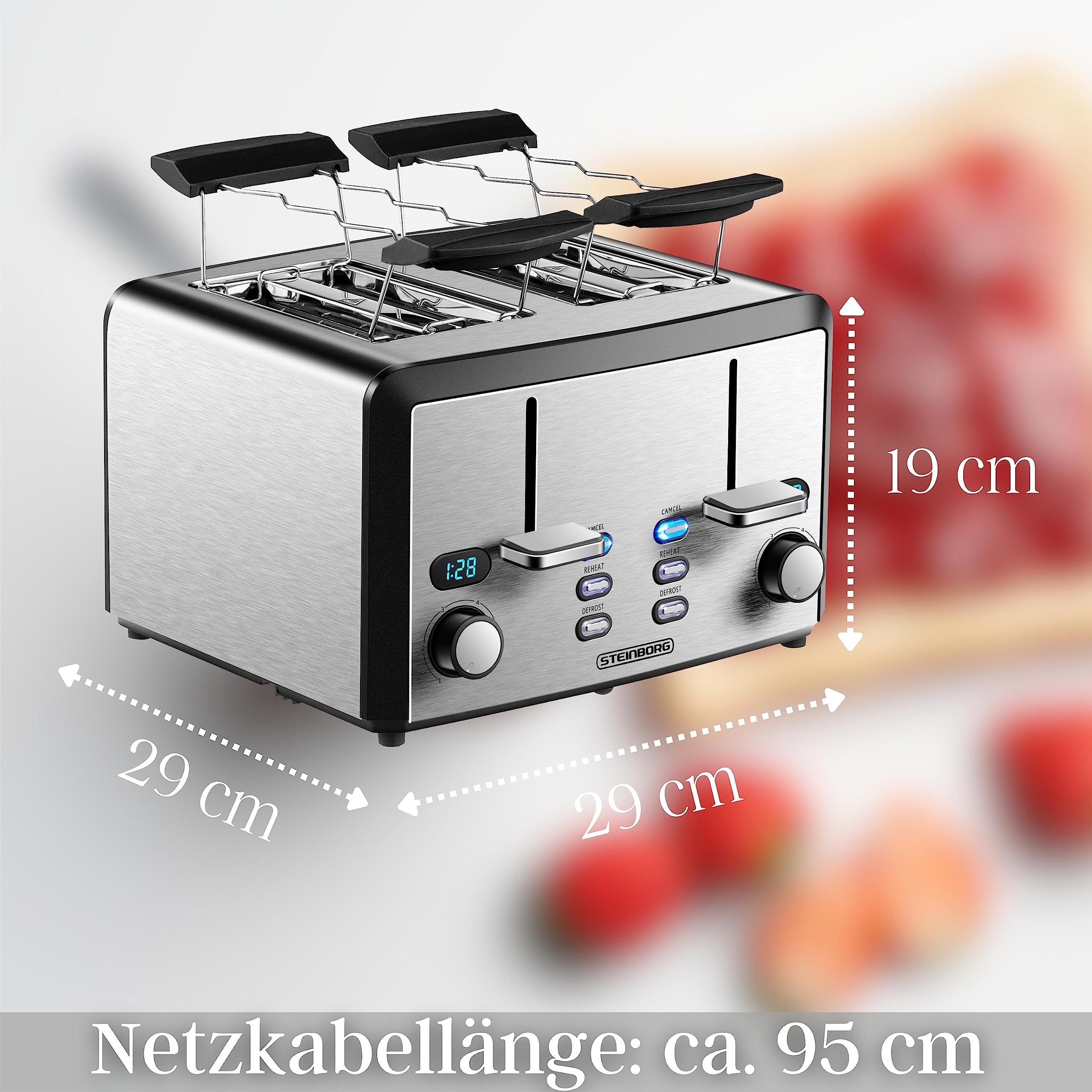 XXL Toaster 4 Toastschlitze | Toastautomat | 1600 Watt | 6-Stufen Bräuneregler | 2x Brötchenaufsatz | Auftau-Funktion | 2x Krümelschubladen | Edelstahl | 4-Fach | LED Displays