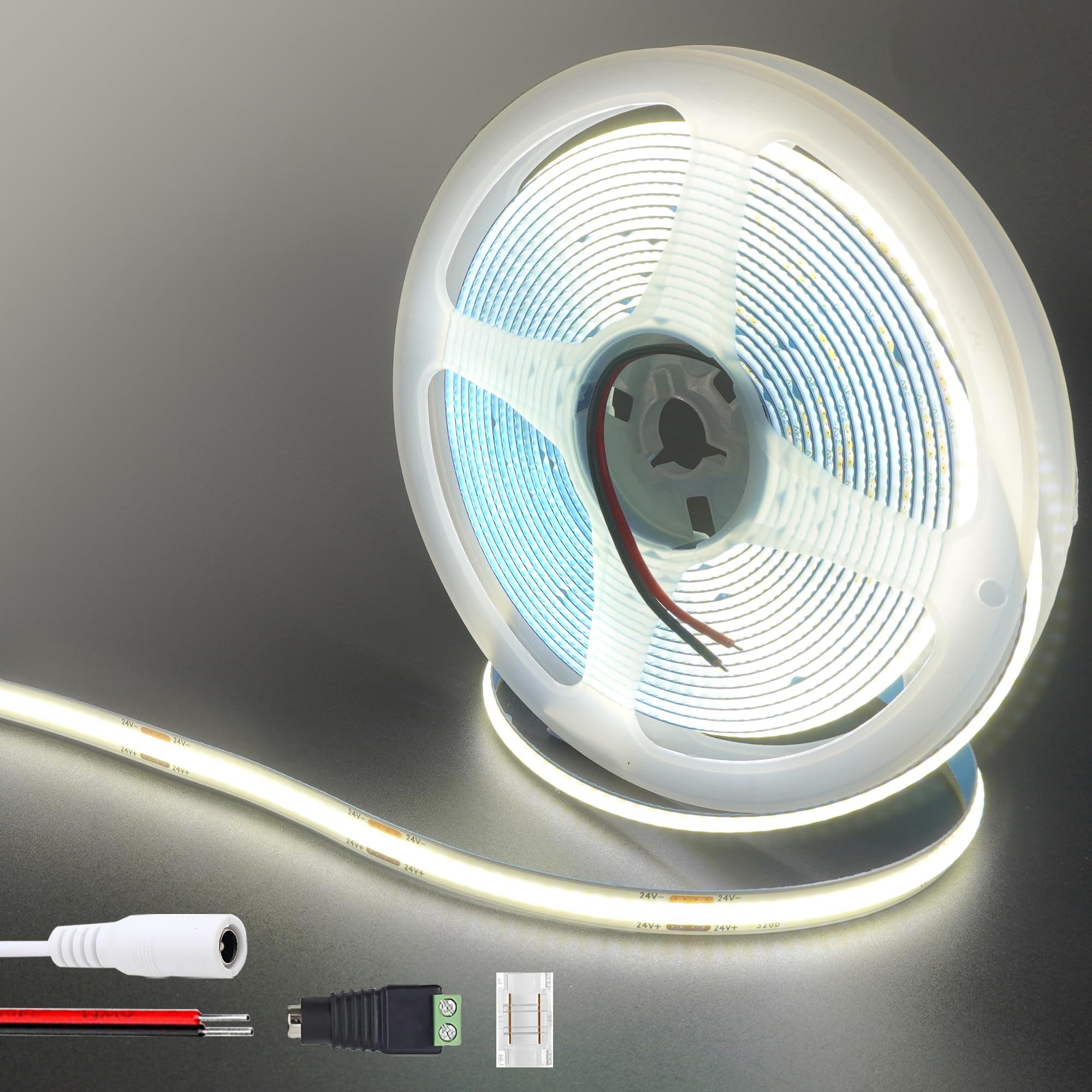 Clearhill Women's Coolwhite-6500K 24V Cob Led Strip Lights(No Power Supply),6.56Ft/2M,Cool White 6500K,320Leds/M,With 5521Dc And Red And Black Wire Connectors,8Mm Width,Ip20,For Diy Home Indoor Decoration