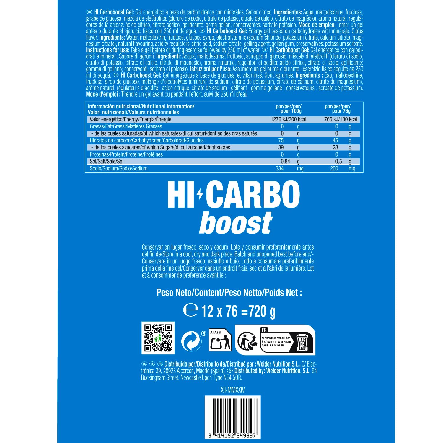 Victory Endurance HI Carbo Boost Gel 1:0,8 Series (12x76g) Sabor Cítricos Sin Cafeína, Alto en Carbohidratos con 45g/gel, 200mg sodio/gel, Energía inmediata, Aumenta Rendimiento, Disminuye Fatiga