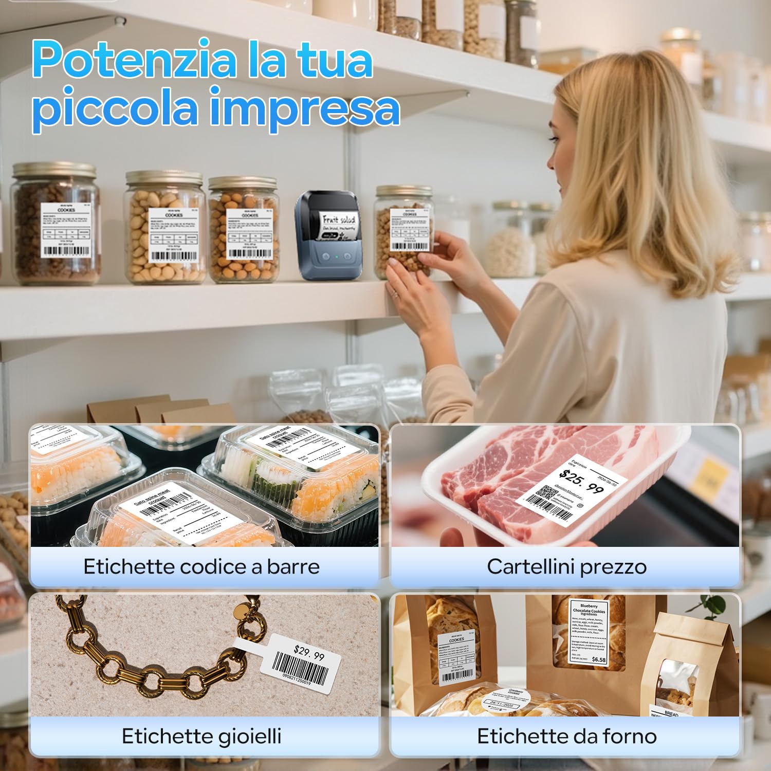Memoking Etichettatrice Bluetooth: Stampante Etichette Adesive Con 2000 Simboli E 300 Modelli. Compatta Stampante Termica Etichette Per Negozio, Scuola, Casa Cucina; Compatibile Con iOS Android e PC