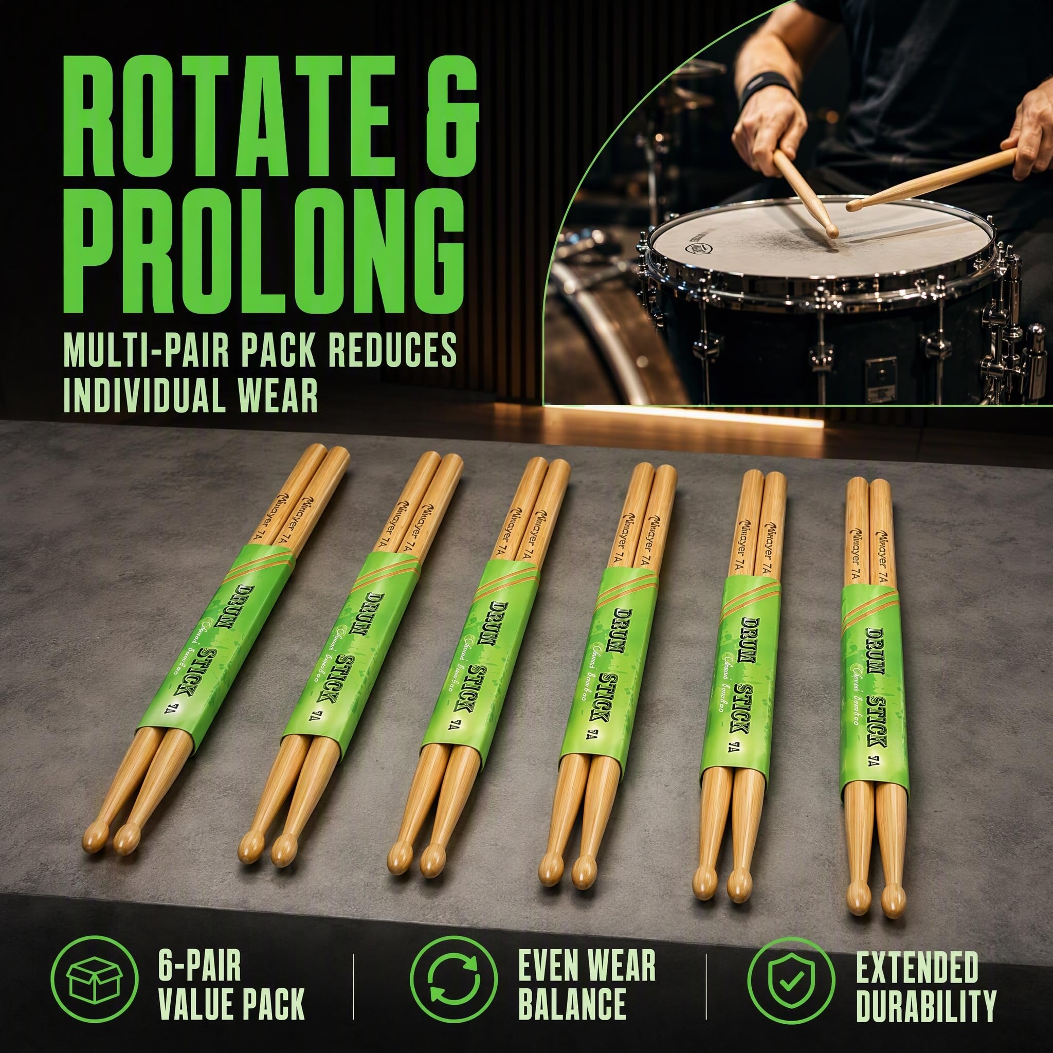 Miwayer Lot de 6 paires de baguettes en bambou 7A de 15,2 cm légères et durables avec embouts en forme de goutte pour instrument de musique et percussion (bambou 7A 6 paires)