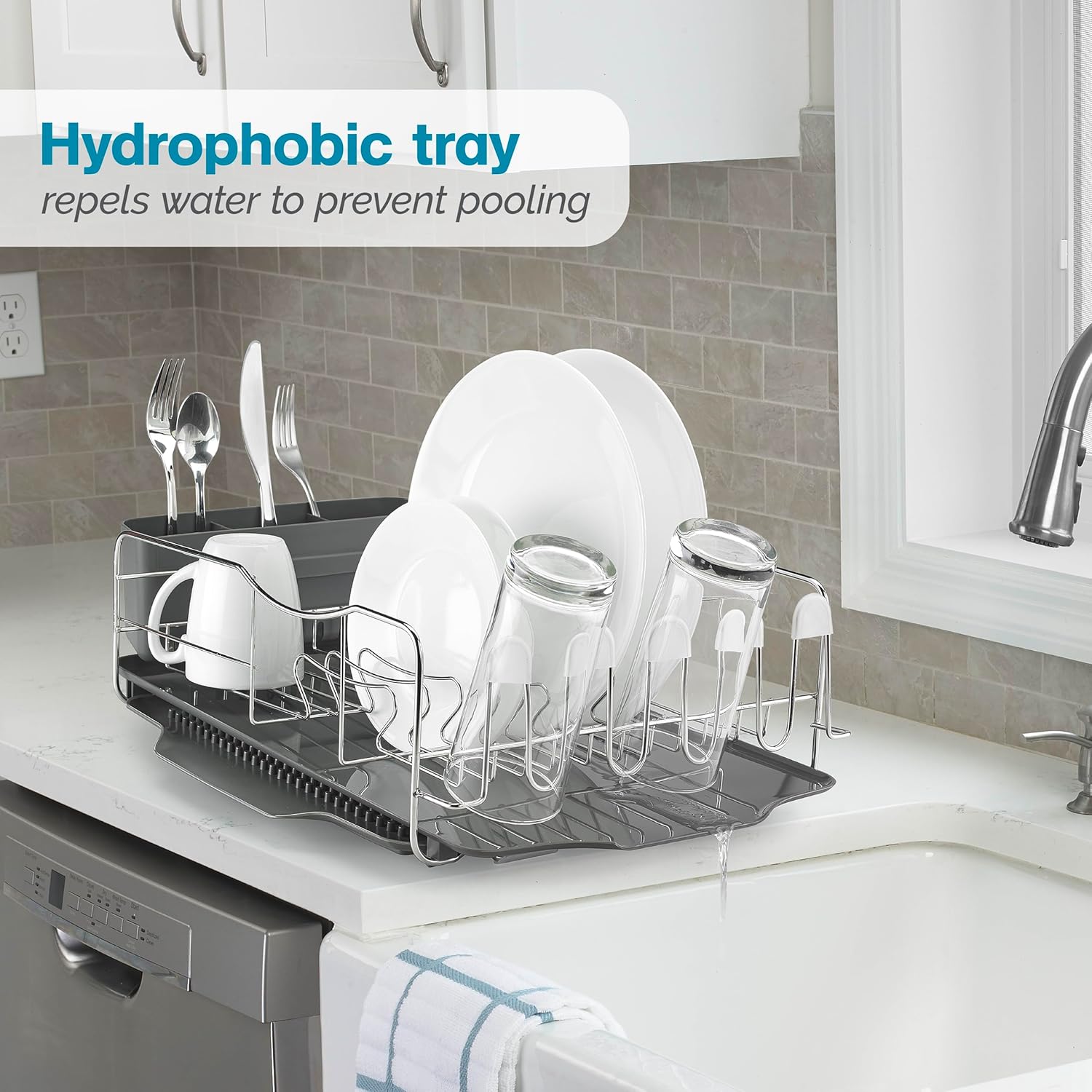 Polder KTH-615 Dish Rack, 4 PC Combo– Advantage System Includes Rack, Drain Tray, Removable Drying Tray & Cutlery Holder – Stainless Steel & Plastic