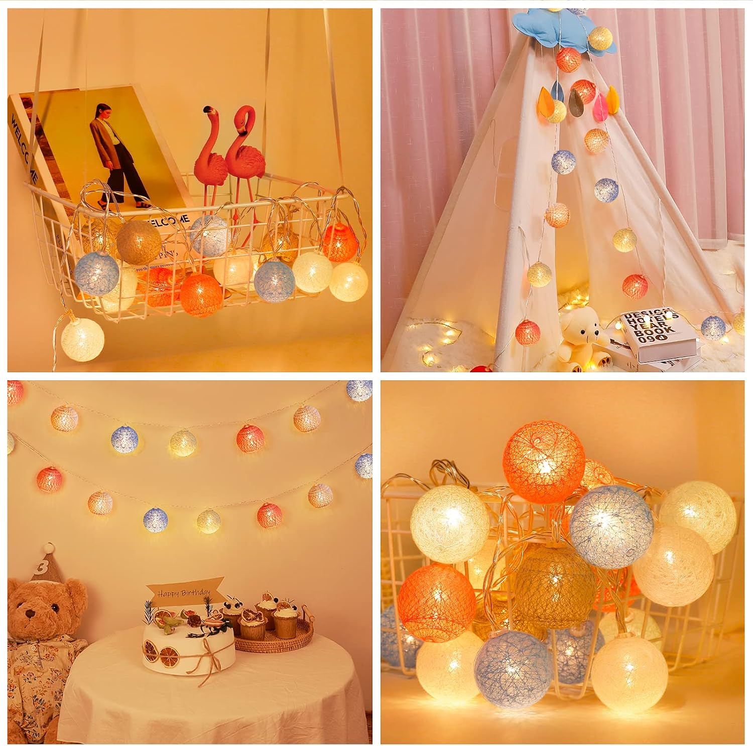 XIYUNTE Cotton Ball String Lights, 3M/10FT 20 LED Cotton Ball Lights, USB or Battery Powered 4CM Cotton Ball Fairy Lights for Bedroom, Kids Room, Valentine's Day, Wedding, Party, Christmas, Home Decor