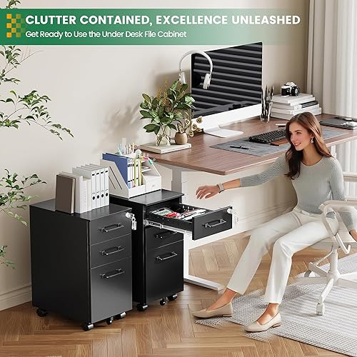 Vista 115 de Archivador móvil de 3 cajones con cerradura, gabinete de almacenamiento debajo del escritorio para oficina en casa, archivador vertical