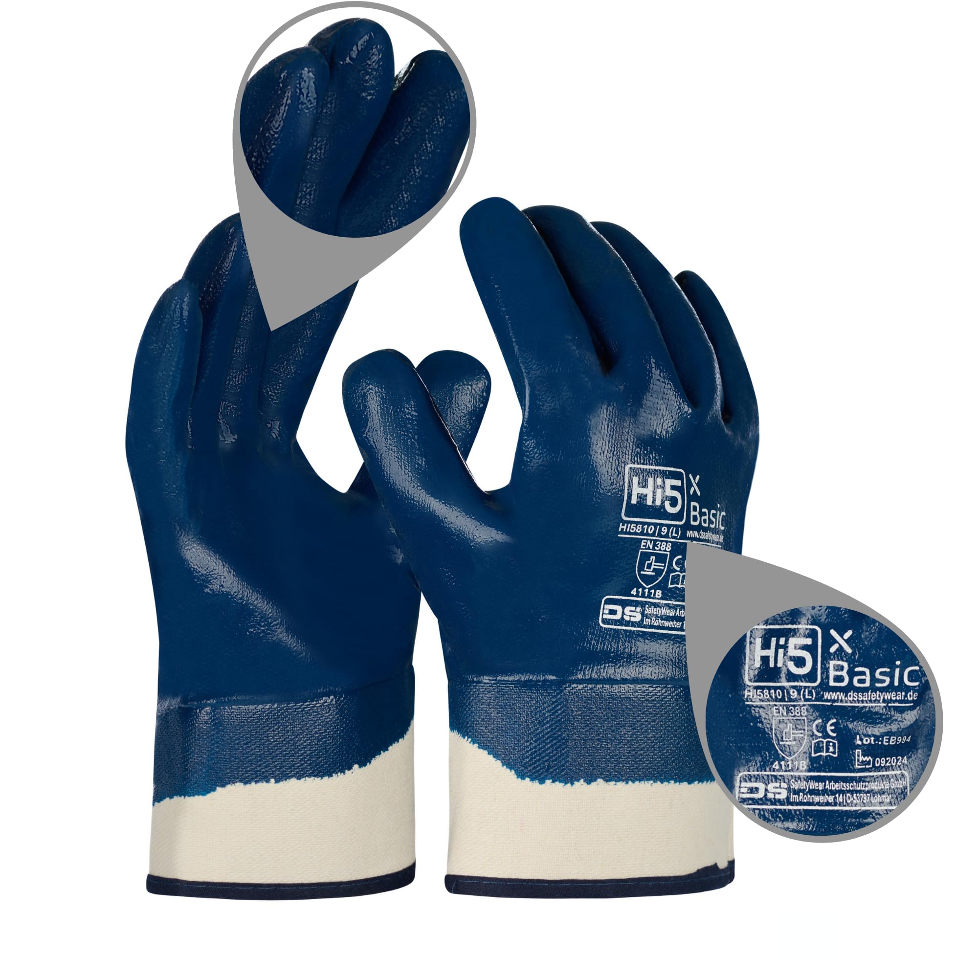 Hi5 X-Basic Nitrilhandschuhe – Wasserdichte ölbeständig Abriebfest Schutzhandschuhe – Größen (S,M,L,XL,XXL) – Nitril-Arbeitshandschuhe 100% Baumwoll-Jersey (XL, 144.0, stück)