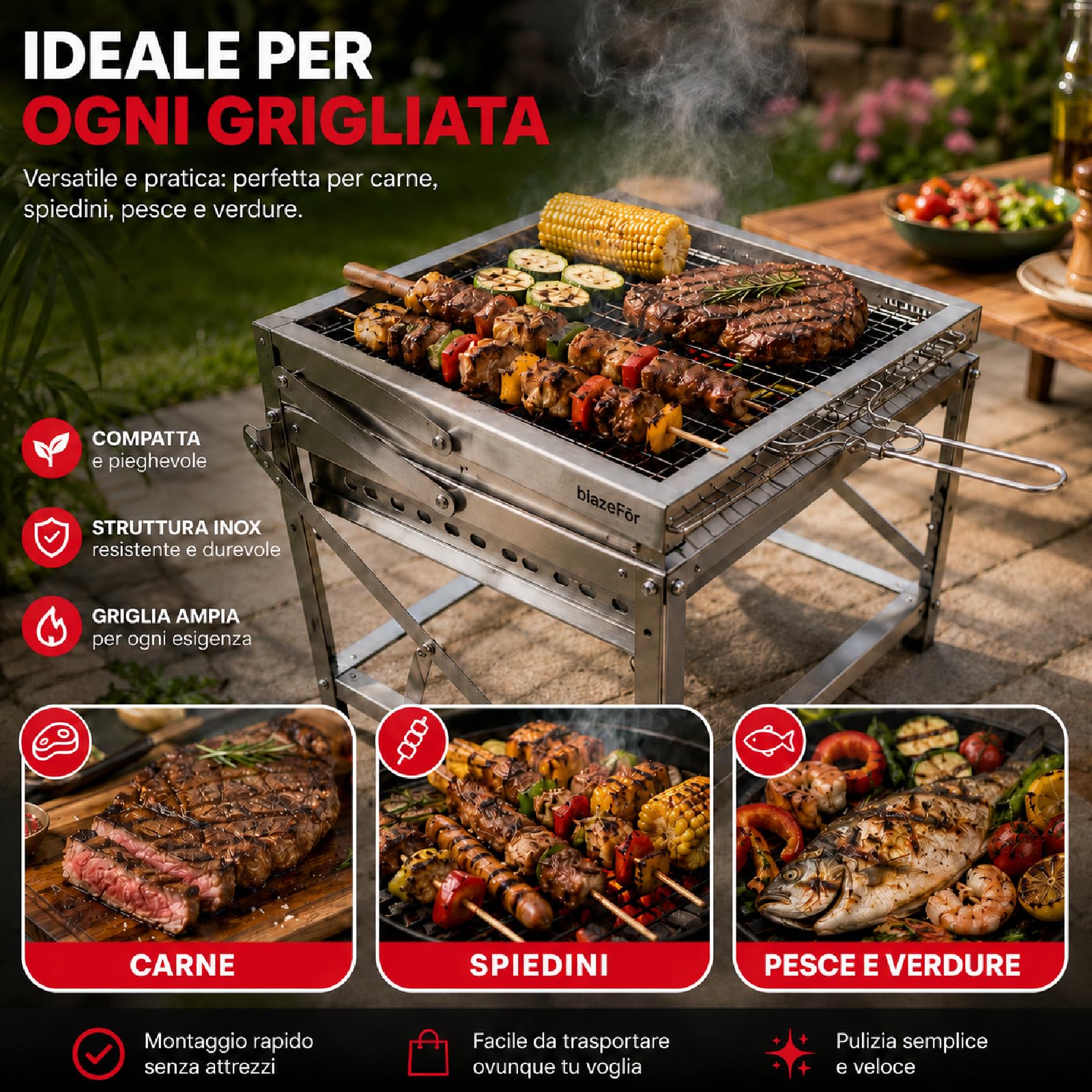 Barbecue a Carbone Girevole 180° Inox Portatile per Giardino e Campeggio | Griglia Ribaltabile a 180° con Manovella, Braciere Regolabile in Altezza, Pinza per Carne Inclusa, Facile da Montare
