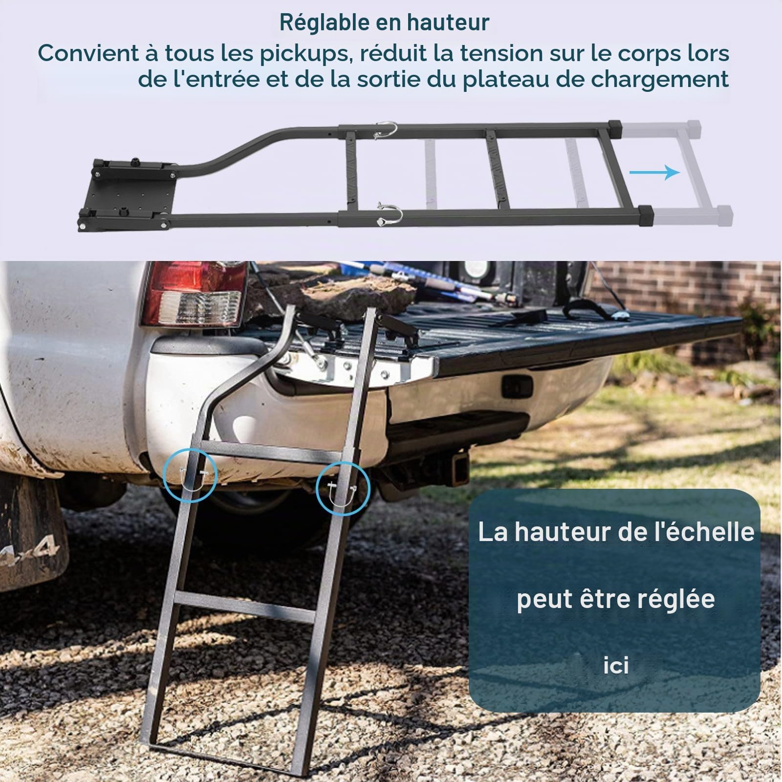 aleawol Échelle de hayon pour pickup truck, extension pliable | Escabeau de hayon avec ruban adhésif et vis autotaraudeuses en acier inoxydable pour la plupart des pickups et camions
