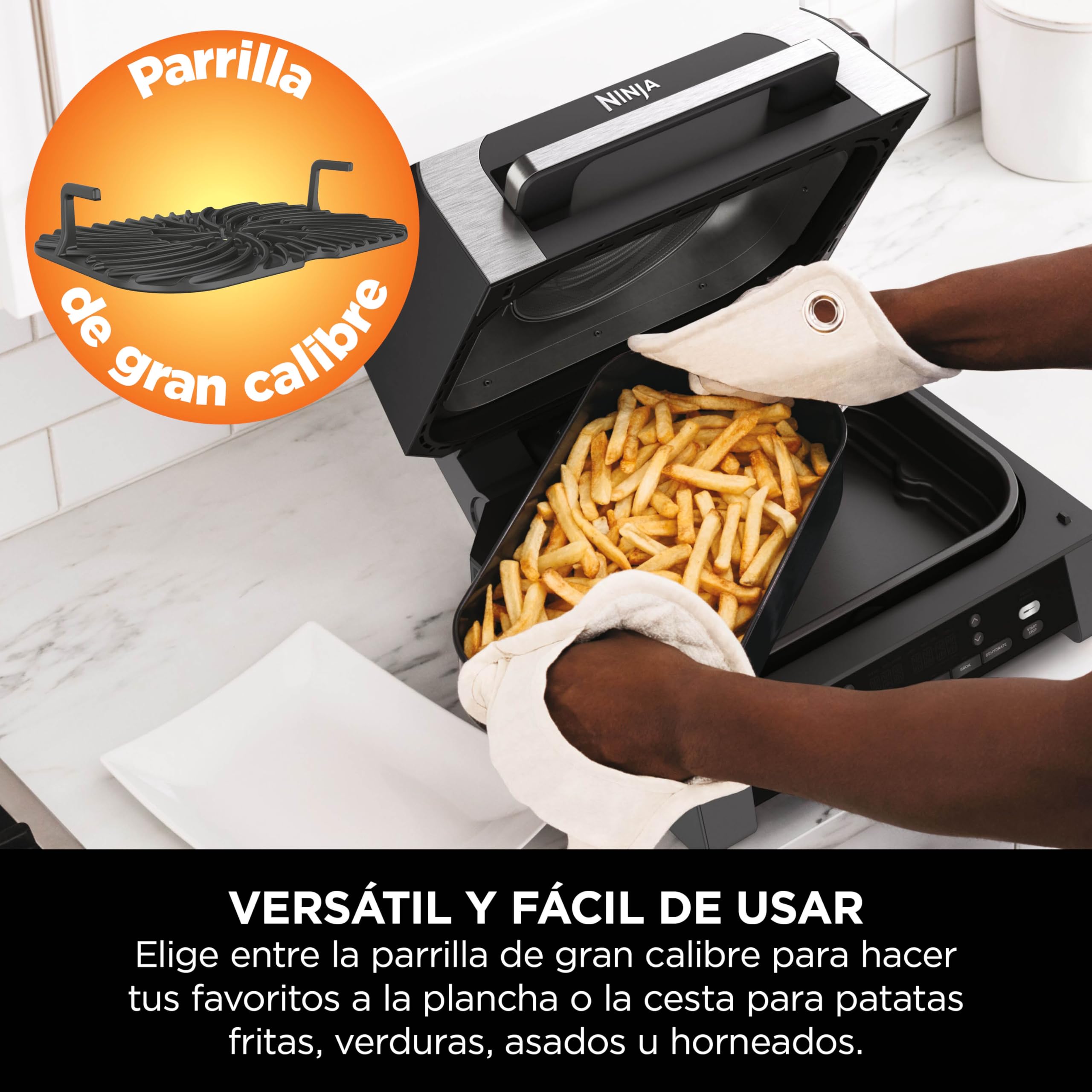 Ninja MAX 6 en 1 Freidora de aire y parrilla de interior, 6 funciones de cocción sin humo, cocina hasta 6 hamburguesas, capacidad de 3,8 l, incluye termómetro digital para carne, gris/plata, DG551EU