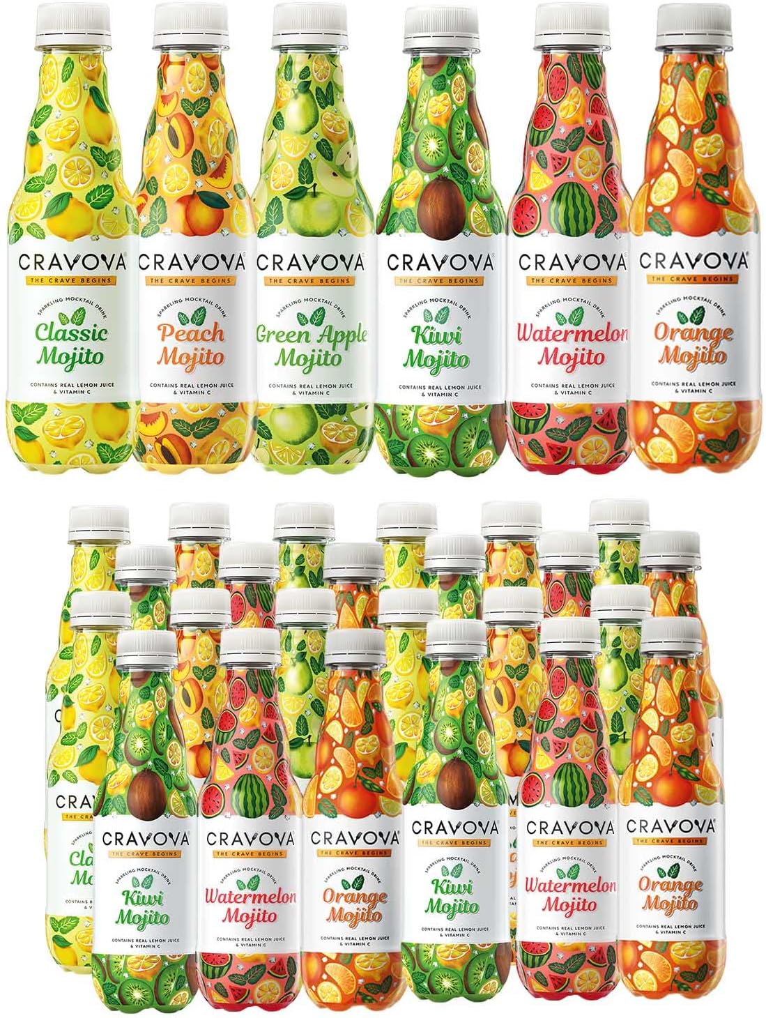 CRAVOVA - THE CRAVE BEGINS Assorted Mocktail Of Classic Mojito | Green Apple Mojito| Watermelon Mojito | Peach Mojito | Orange Mojito | Pack Of 24-300ml each
