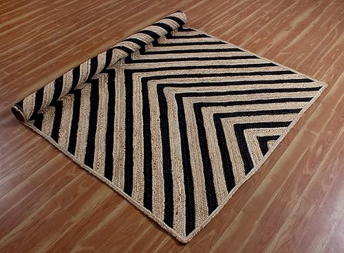 Miniatura 9 de CASAVANI Alfombra trenzada a mano geométrica de yute negro y beige, mejores usos para dormitorio, comedor, sala de oración, ático y cocina, 3 x 5