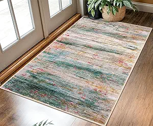 KOZYFLY Area Rug 3x5 Modern Ombre Living Room Rug, Washable Rugs for Bedroom Non-Slip Soft Stain Resistant Striped, Print Distressed Green Abstract Carpet for Living/Laundry/Kid Room