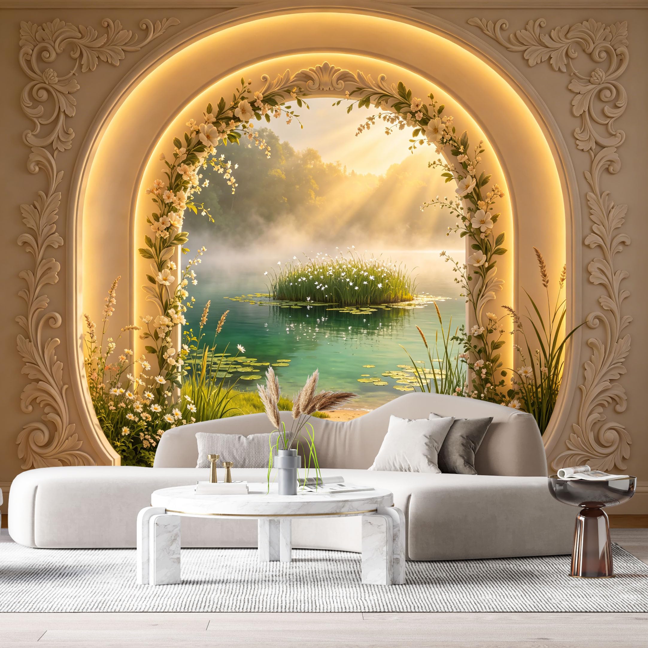Custom Size Wall Murals Lake Island Floral Arch Mist Sunset 3D Trompe L'Oeil SelfAdhesiveWall Fabric Removable Wallpaper Wall Decor for Living Room Bedroom Bathroom