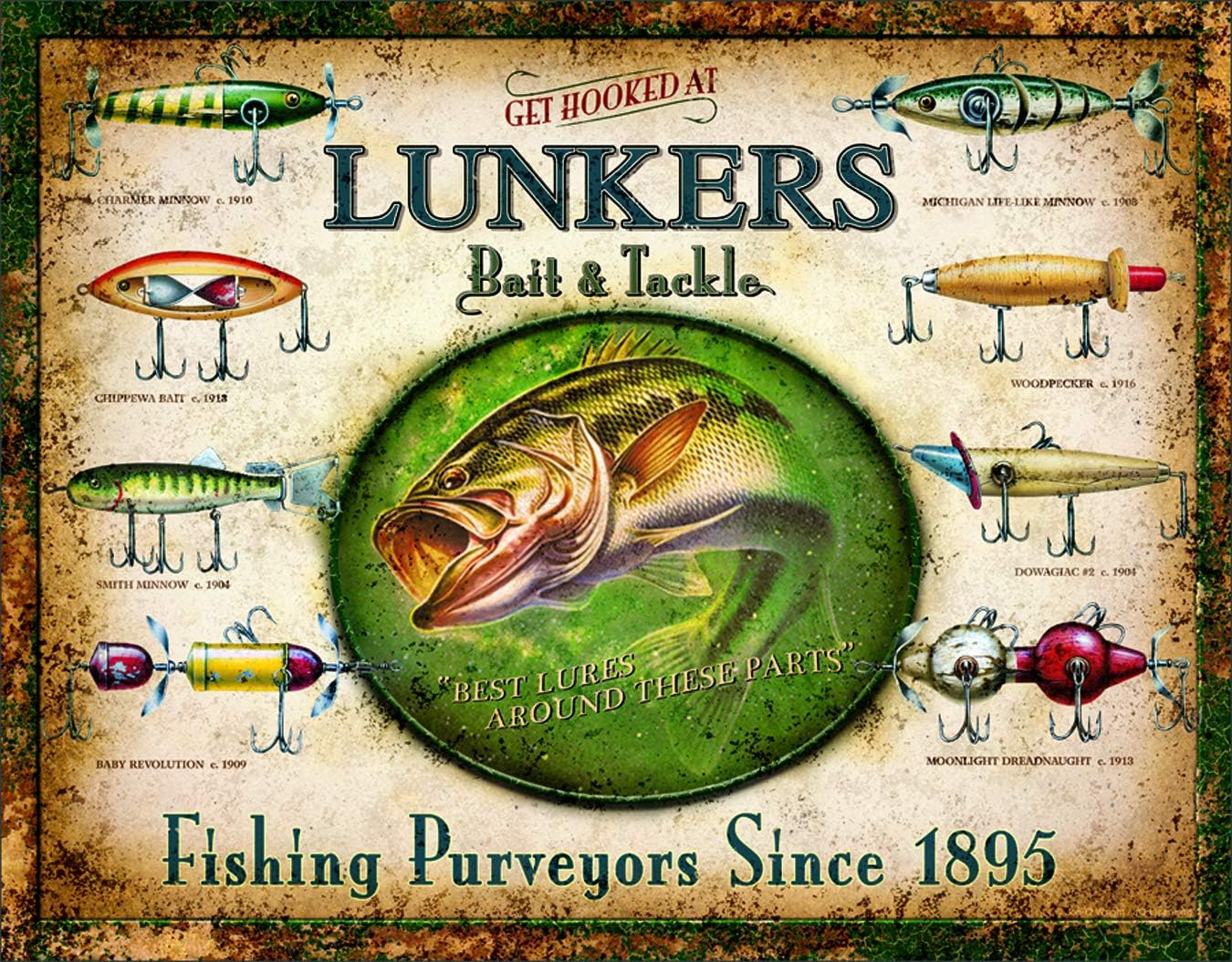 Lunker's Lures Bait and Tackle Distressed Retro Vintage Tin Sign