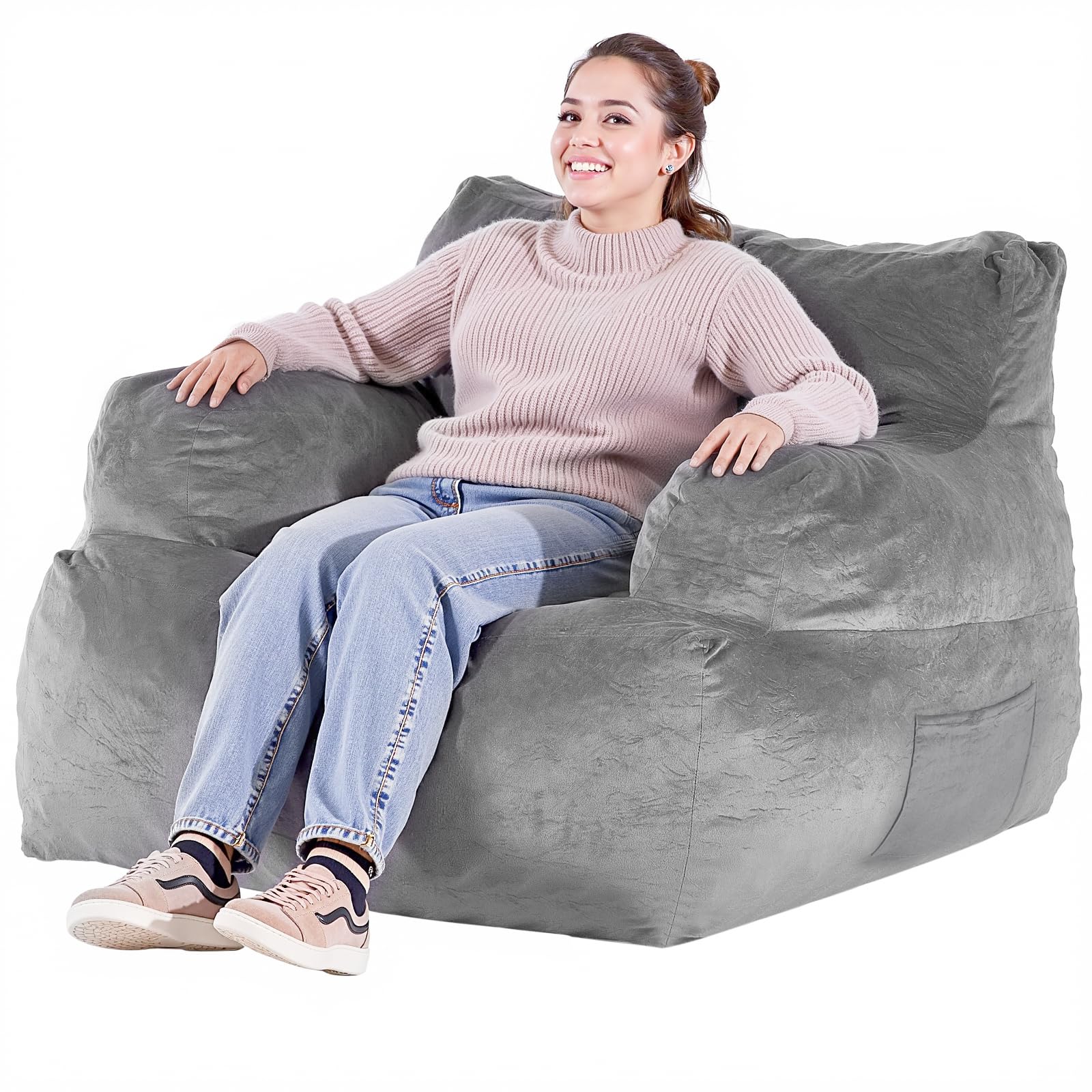 VEVOR Sillón Puff 1118 x 1143 x 780 mm con Reposabrazos para Adultos, Relleno de Felpa Esponjosa y Espuma de Alta Densidad, Sillón Puff para Adultos con Zapper para Sala de Estar, Dormitorio, Gris