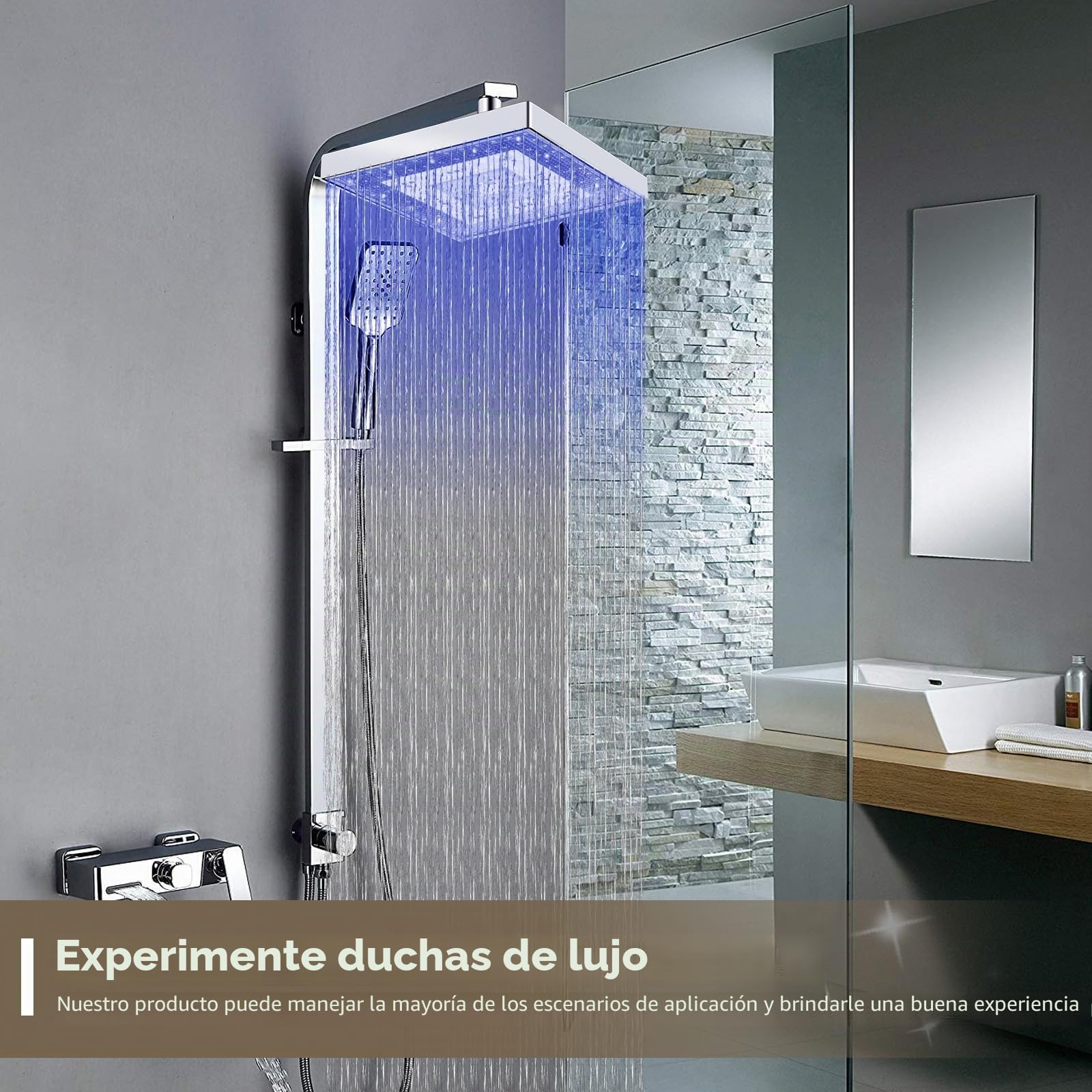 Cabezal de ducha de 20 cm, cabezal de ducha con efecto lluvia LED, con control de temperatura, 3 colores, alto rendimiento, cuadrado, para el hogar y el baño