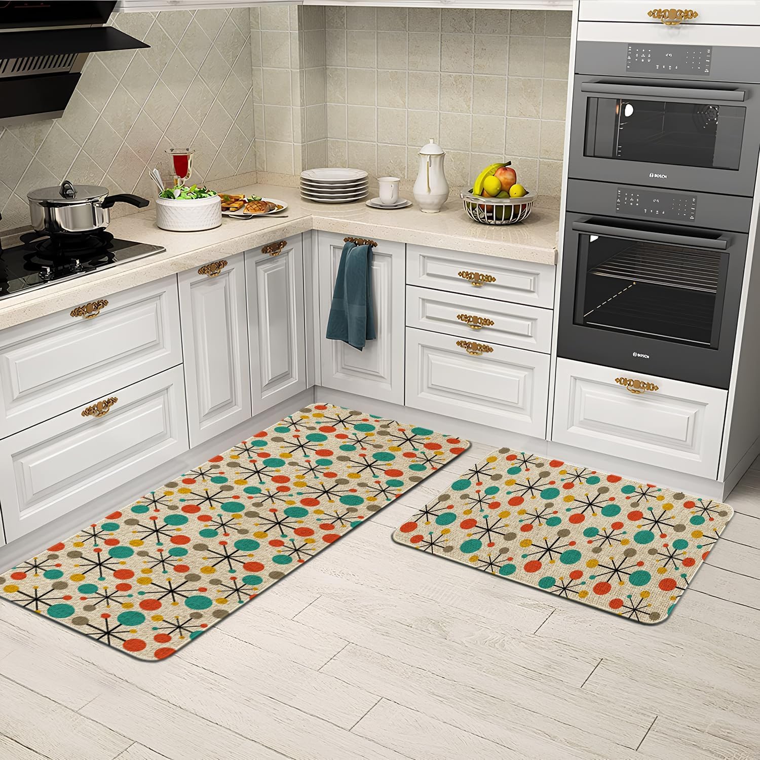 Mid Century Atomic Kitchen Rugs Sets of 2 Non Slip Washable, Fifties Retro Kitchen Mats Home Decor Modern Rug Decorations Indoor - Image 4