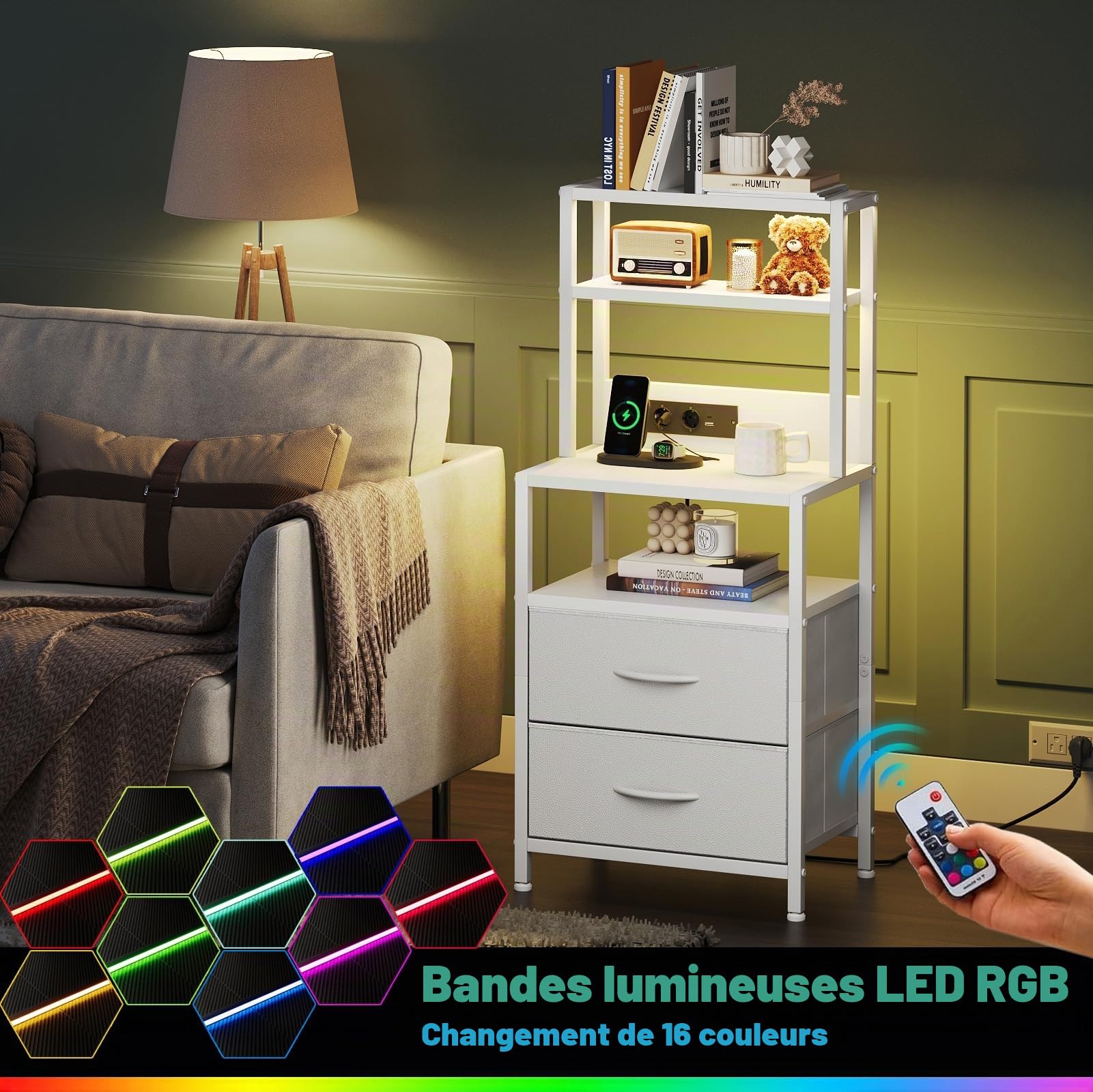 CAIYUN Table de chevet, haute table de nuit blanche avec 4 étagères, 2 tiroirs en tissu PU et bande lumineuse LED, tables de nuit avec station de charge, table d'appoint pour la chambre à coucher