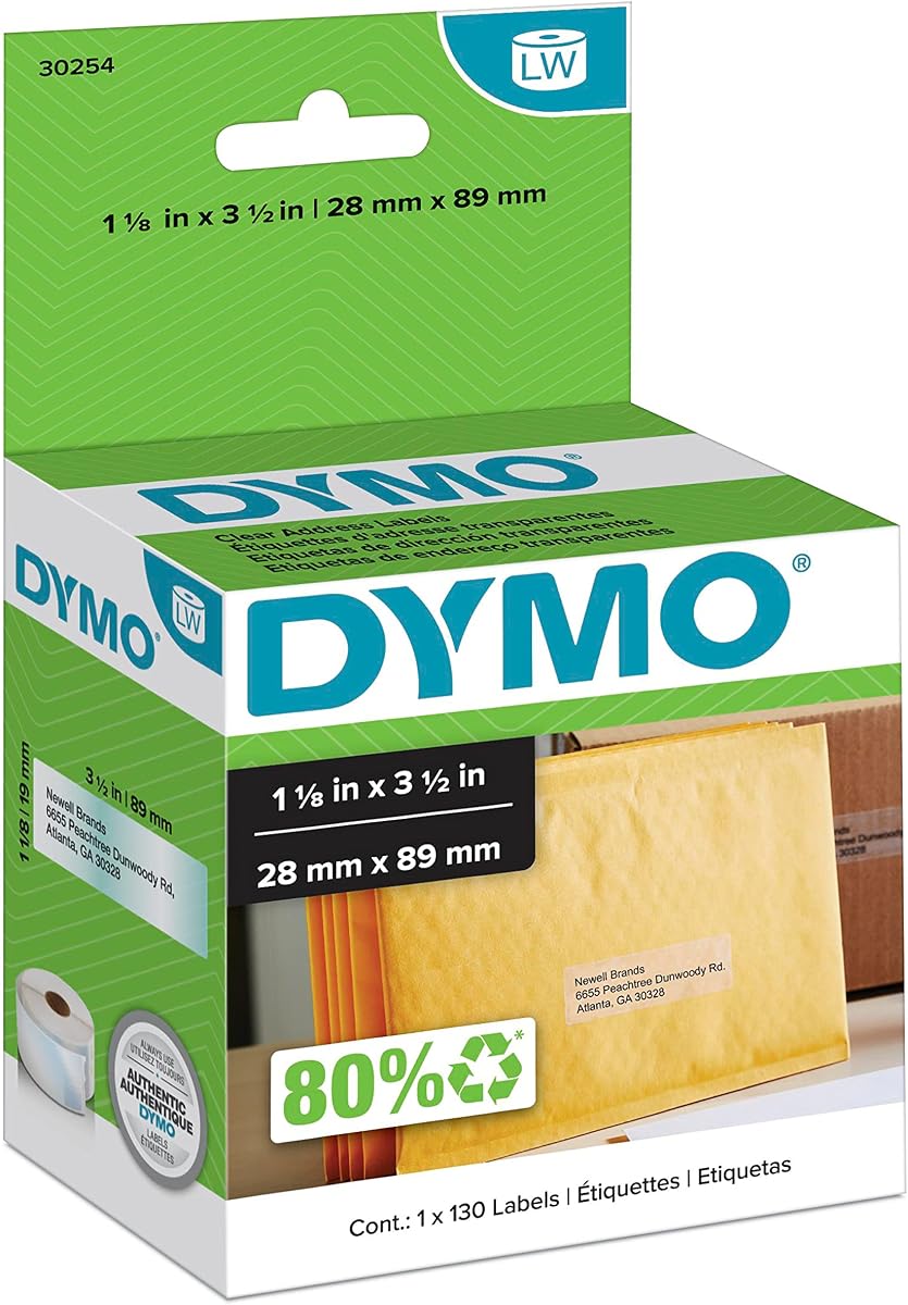 DYMO Authentic LW Clear Mailing Address Labels, DYMO Labels for LabelWriter Label Printers, 1-1/8" x 3-1/2", 1 Roll of 130