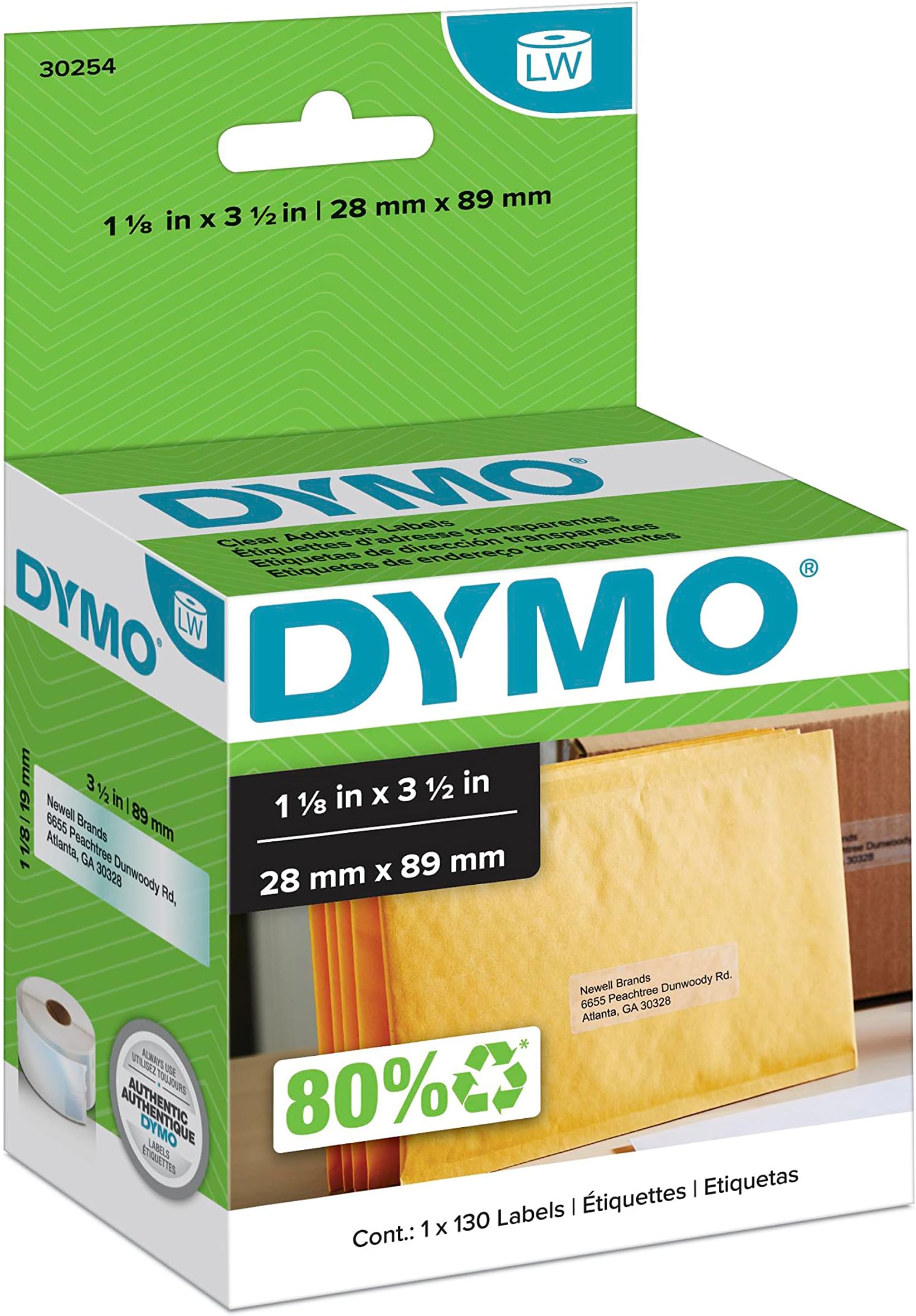 DYMO Authentic LW Clear Mailing Address Labels, DYMO Labels for LabelWriter Label Printers, 1-1/8" x 3-1/2", 1 Roll of 130