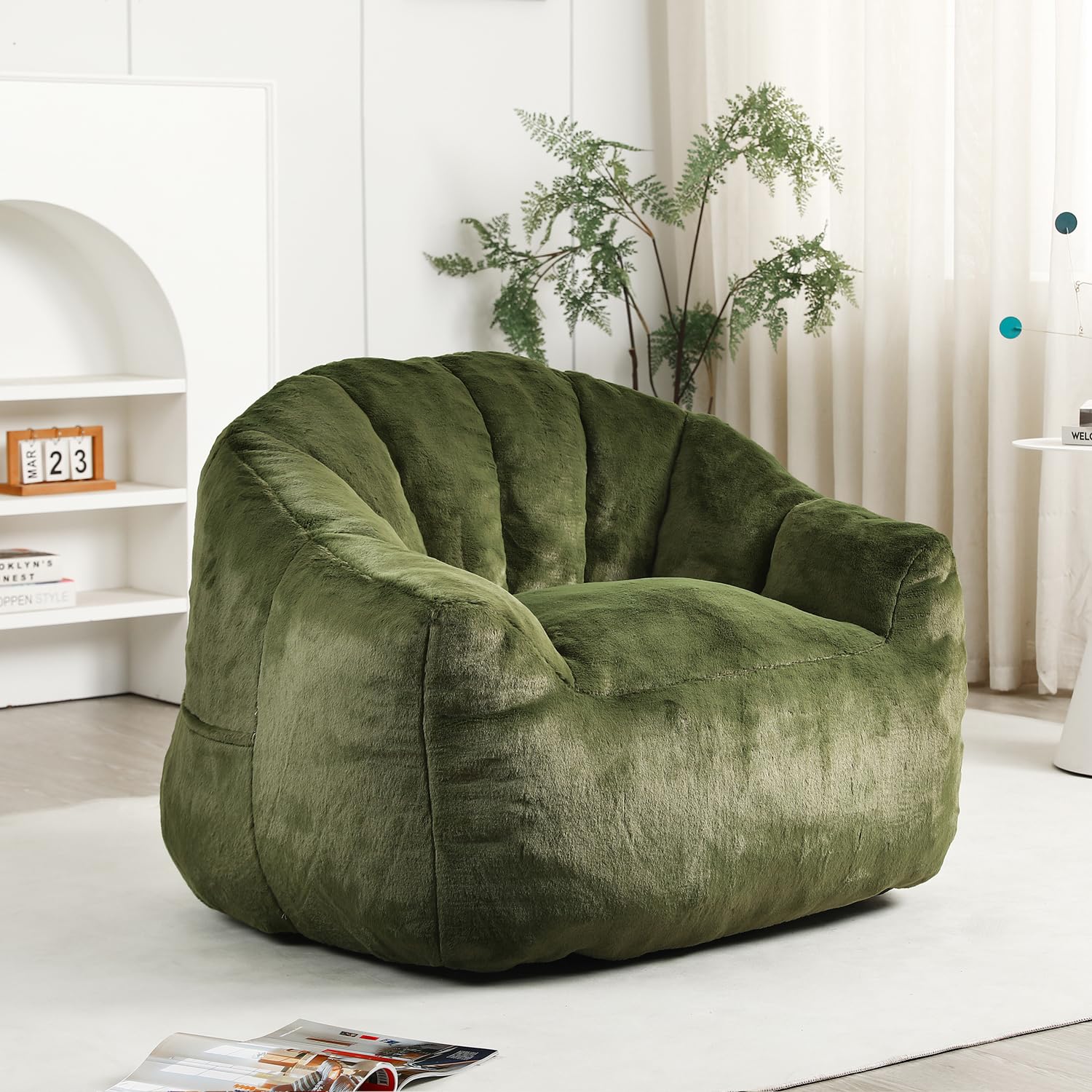 Bean Bag Chair with Arms for Adults - Furry Lazy Sofa, Armrests Stuffed High-Density Foam Filler Chair, Small Cozy Reading in Bedroom Living Room and Dorms (Green)